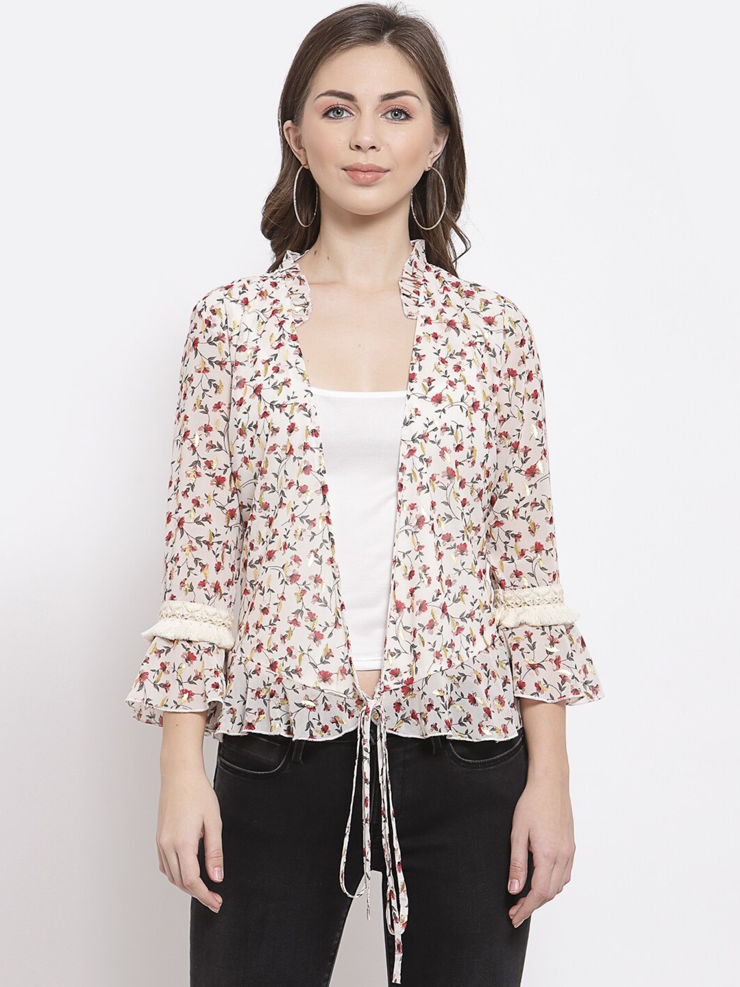 

Mafadeny Women Beige & Pink Floral Waist Tie-Up Printed Top