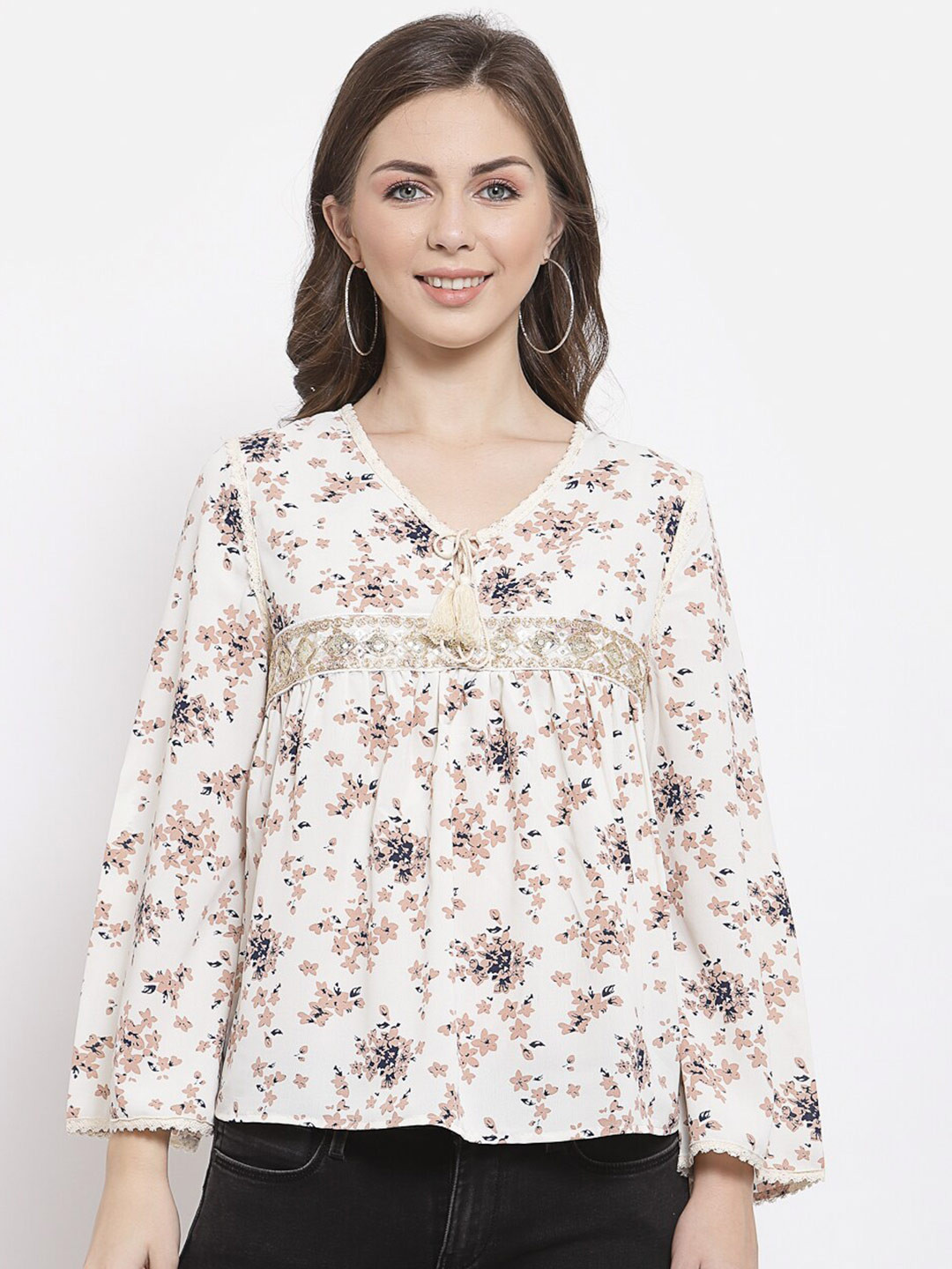 

Mafadeny Cream-Coloured Floral Print Top