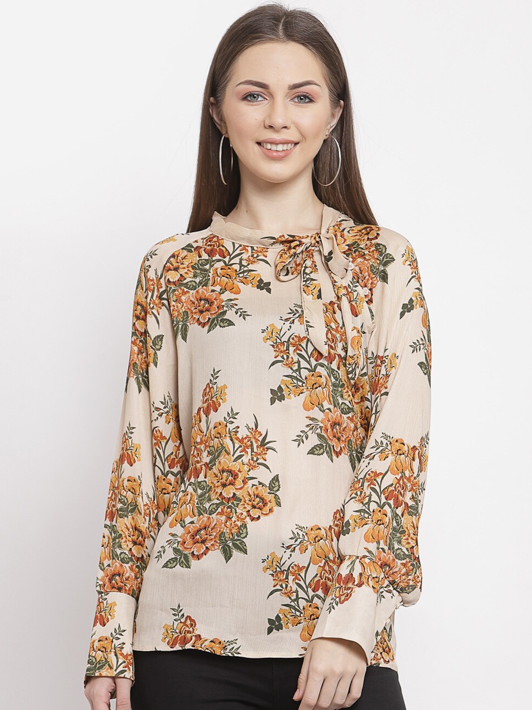 

Mafadeny Peach-Coloured & Mustard Yellow Floral Print Tie-Up Neck Top