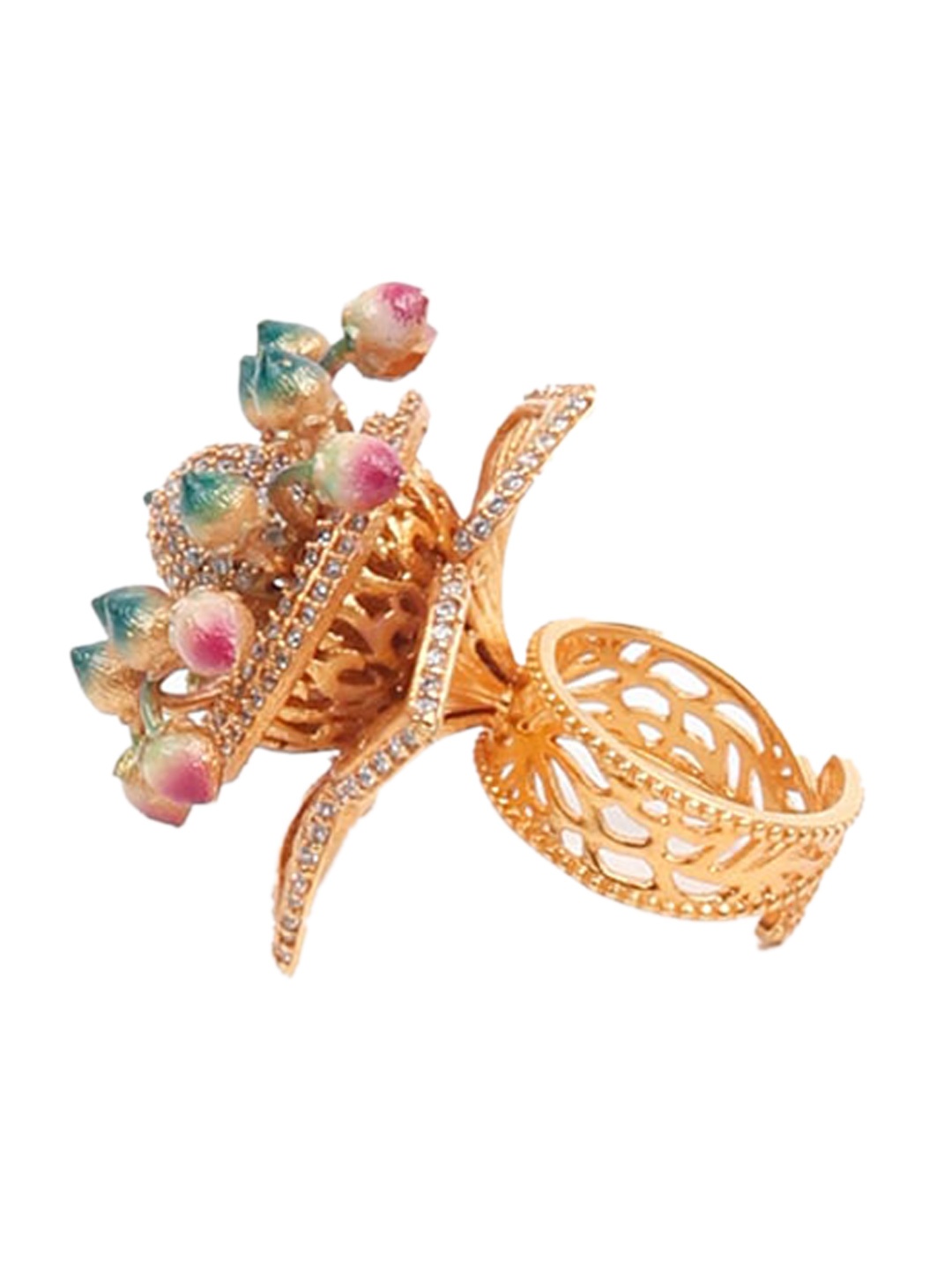 

ODETTE Gold-Toned White & Green Stone-Studded Adjustable Finger Ring
