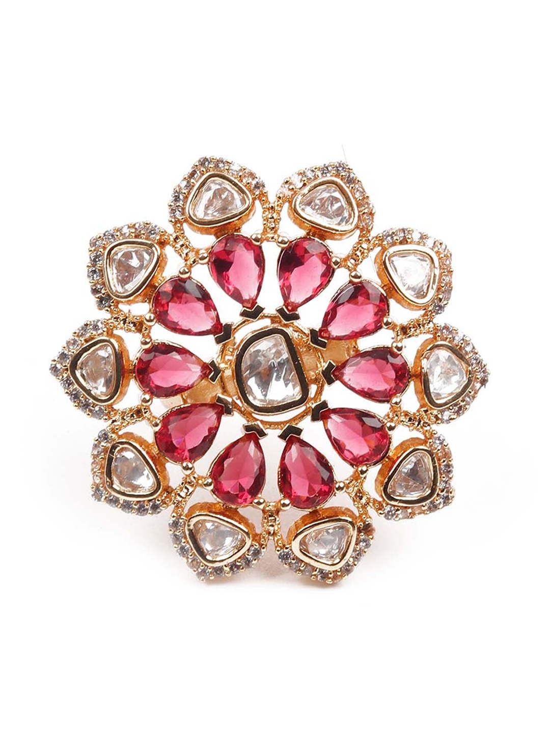 

ODETTE Gold-Toned Pink & White Kundan-Studded Adjustable Finger Ring