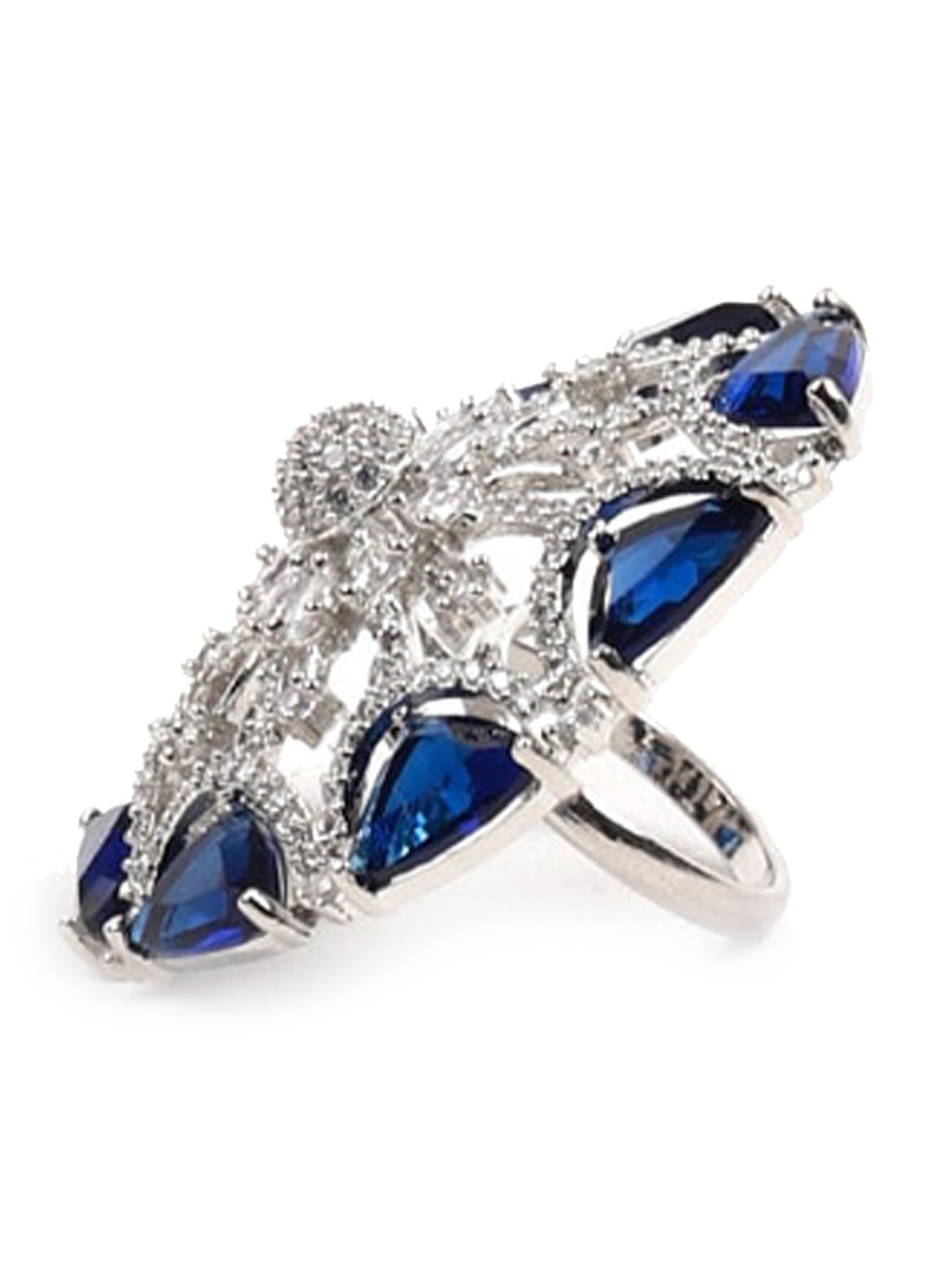 

ODETTE Silver-Toned White & Blue Diamond-Studded Adjustable Finger Ring