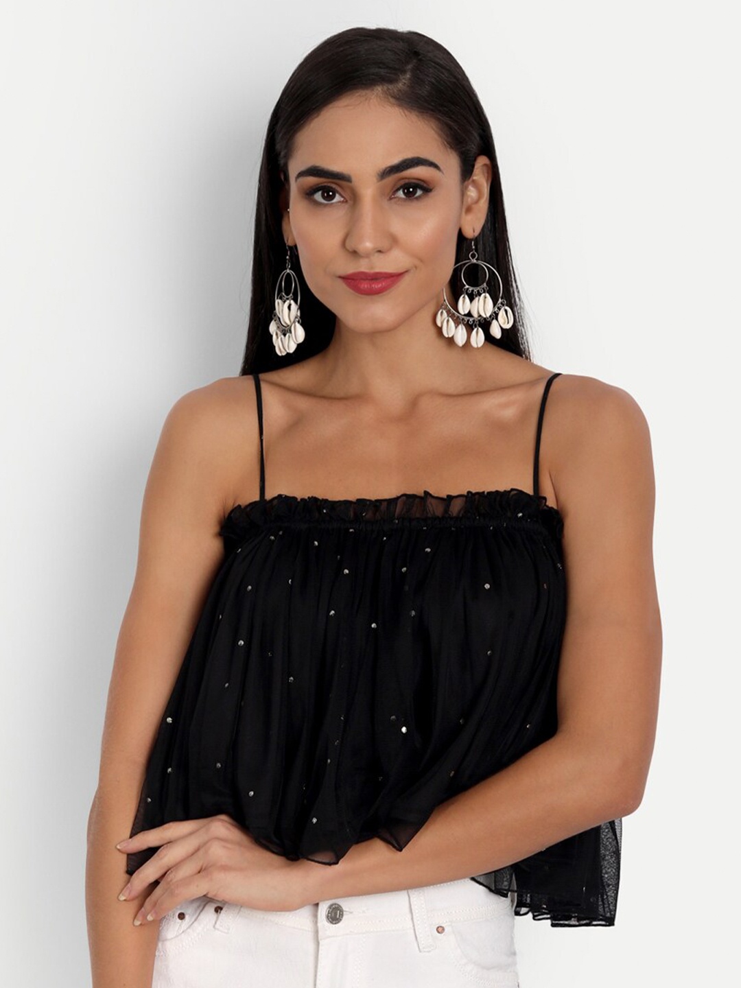

ESSQUE Black Embellished A-Line Net Crop Top
