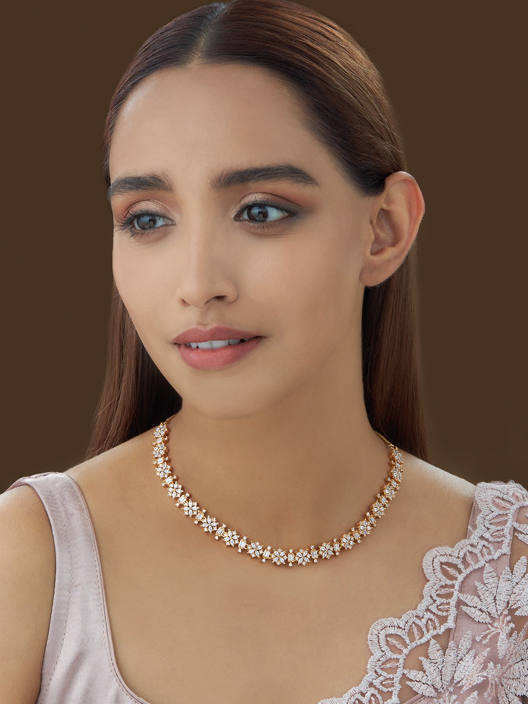 

Kushal's Fashion Jewellery White Copper Gold-Plated Cubic Zirconia Studded Necklace