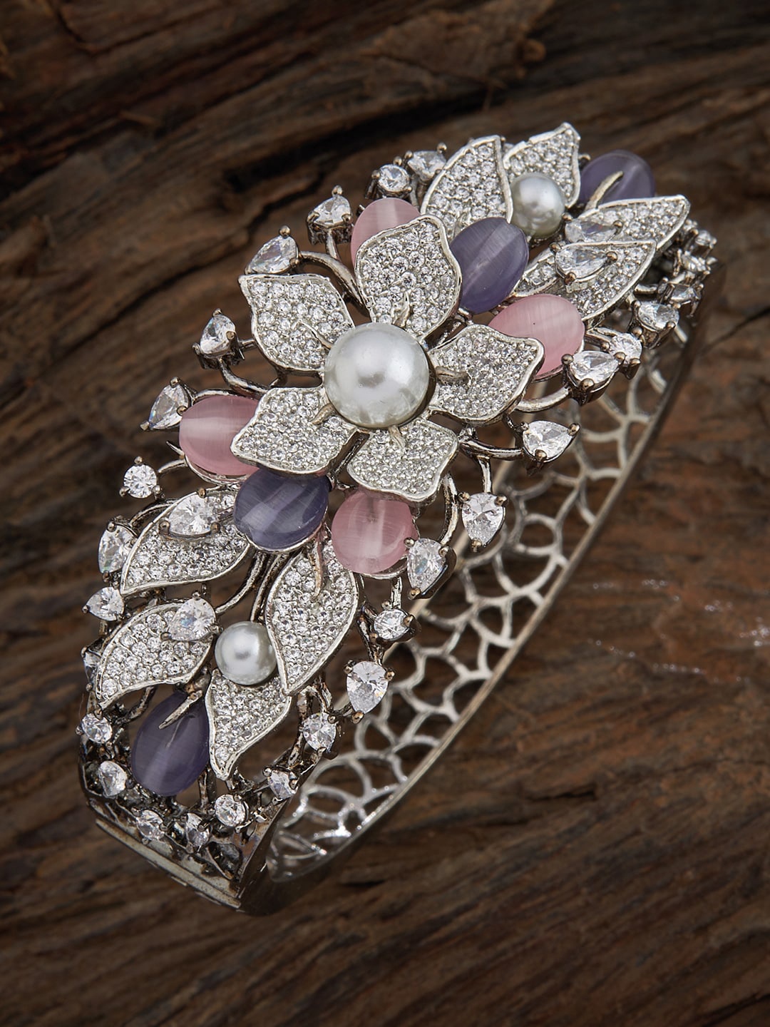

Kushal's Fashion Jewellery Silver Toned Pink Rhodium-Plated CZ Studded Adjustable Bangle