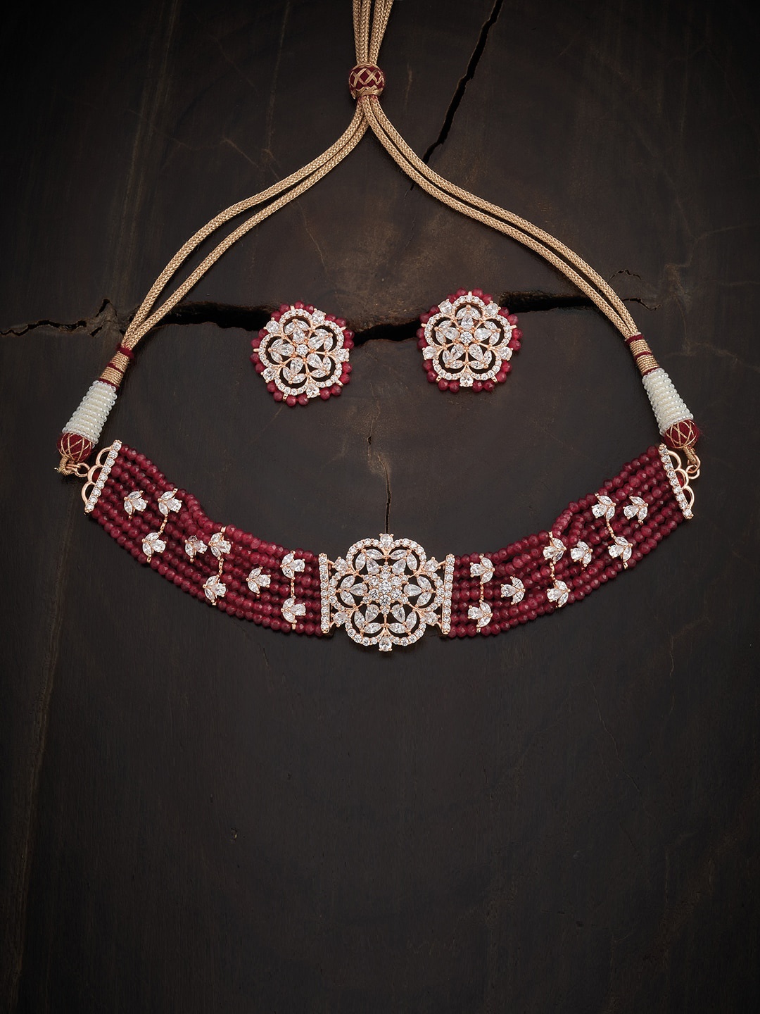 

Kushal's Fashion Jewellery Rose-Gold-Plated Red & White CZ Stone-Studded Jewellery Set