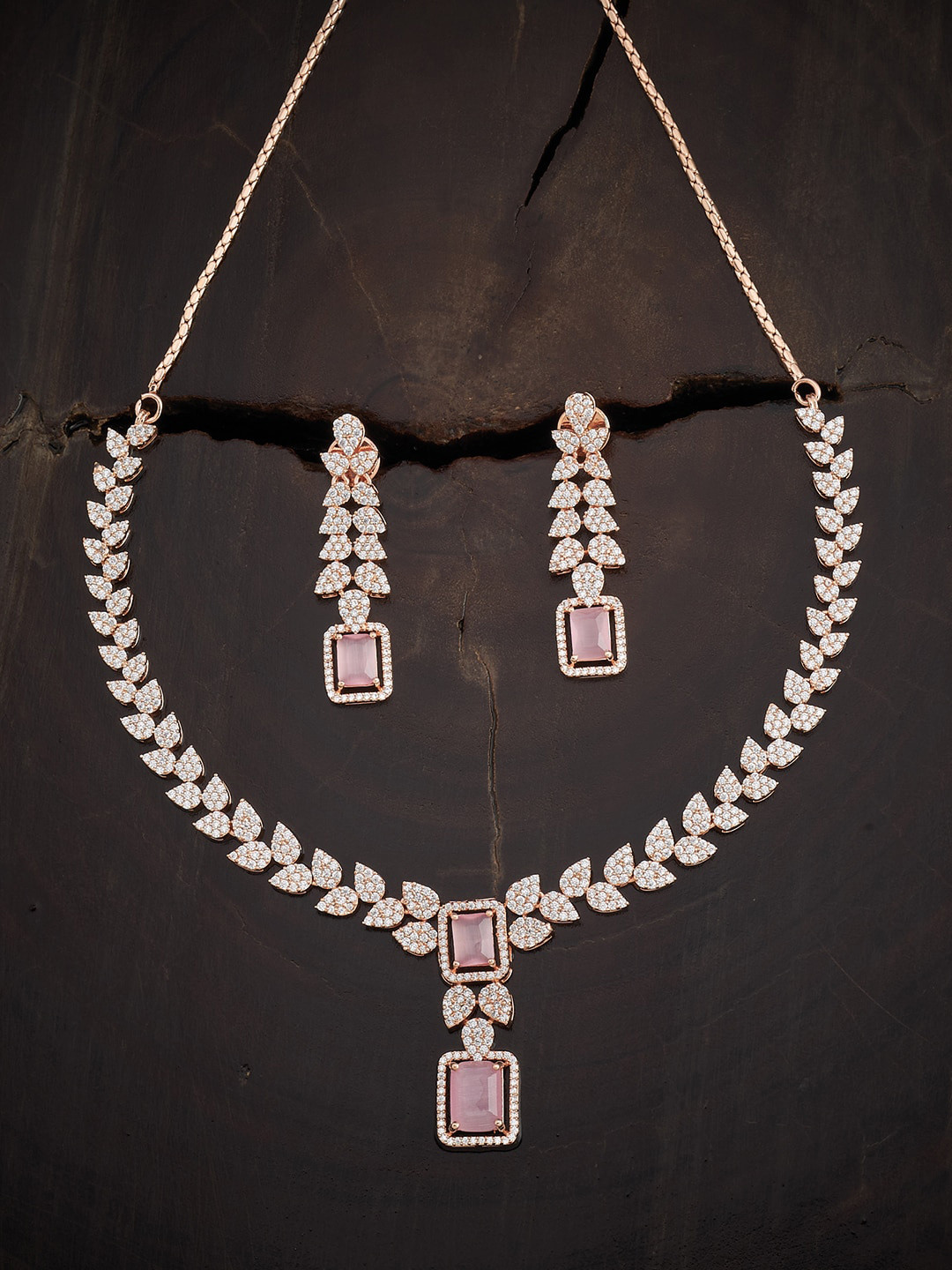 

Kushal's Fashion Jewellery Rhodium-Plated White & Pink CZ Studded Jewellery Set, Rose gold