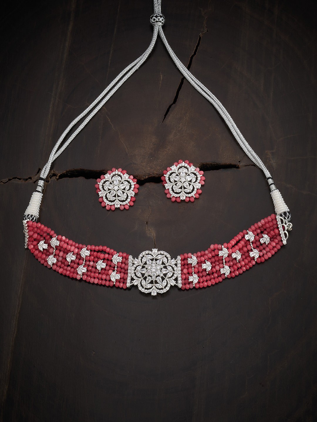 

Kushal's Fashion Jewellery Rhodium-Plated Pink & White CZ Studded & Beaded Jewellery Set, Silver