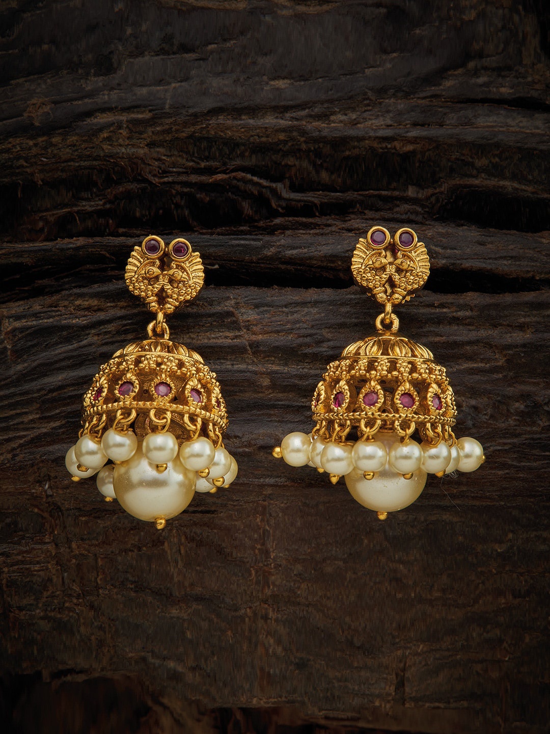 

Kushal's Fashion Jewellery Red & Gold-Toned Dome Shaped Jhumkas Earrings