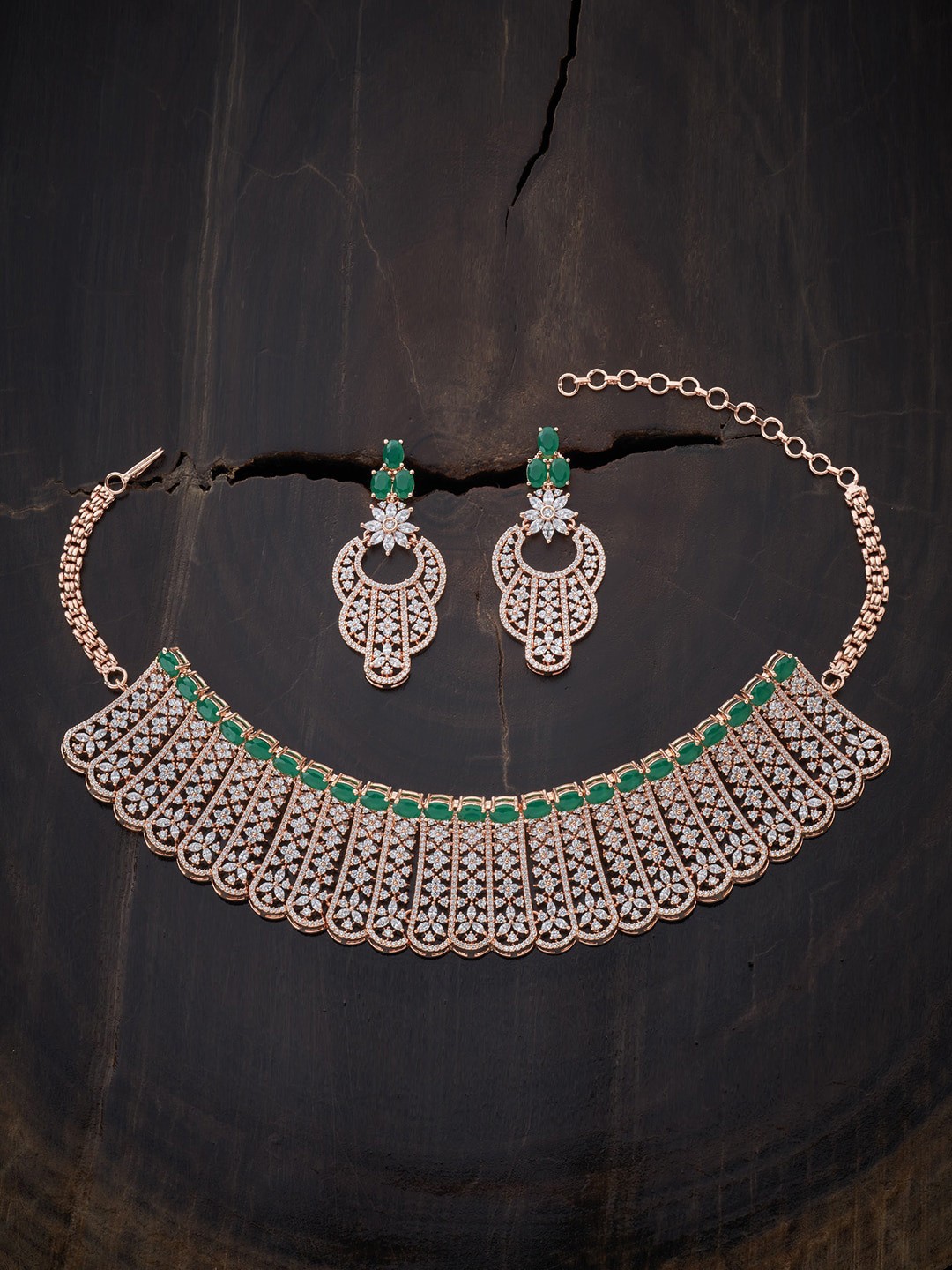 

Kushal's Fashion Jewellery Rose Gold-Plated White & Green CZ Studded Jewellery Set