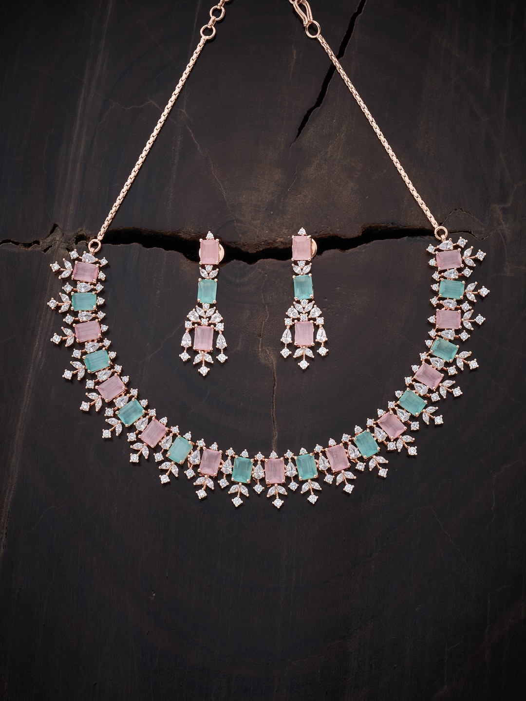 

Kushal's Fashion Jewellery Rose Gold-Plated Pink & Sea Green CZ-Studded Jewellery Set