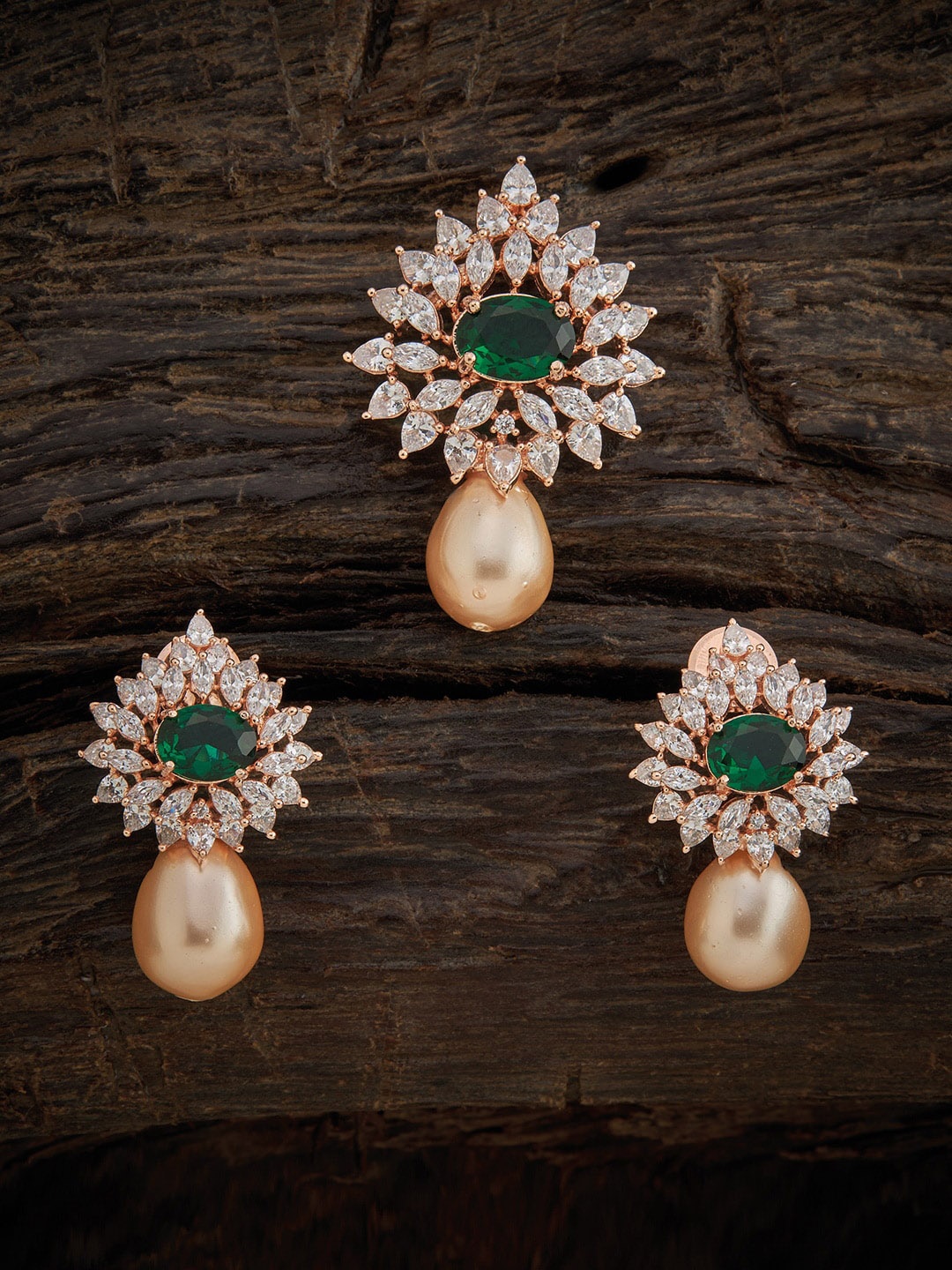 

Kushal's Fashion Jewellery Rose Gold-Plated White & Green CZ Studded Jewellery Set