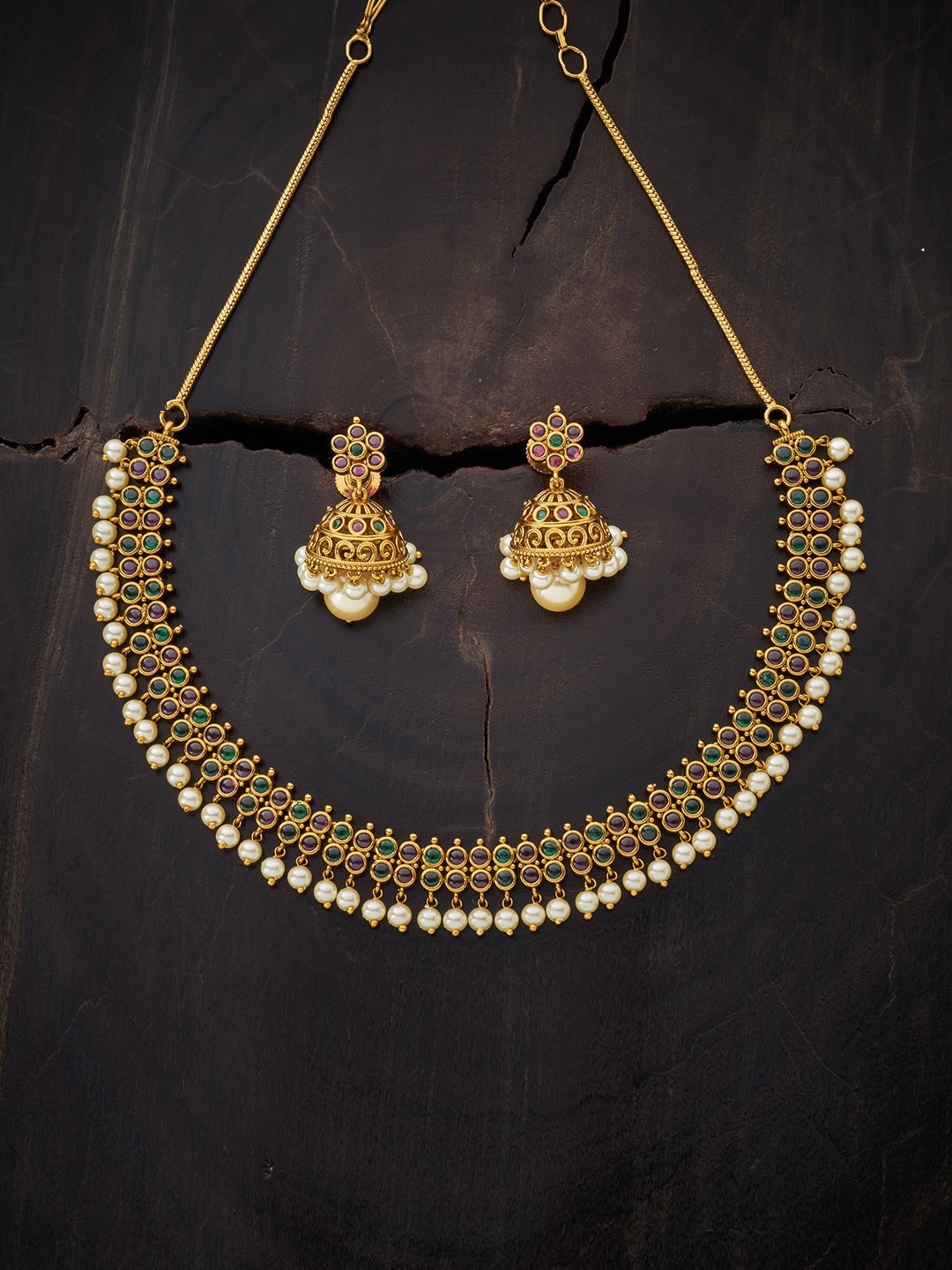 

Kushal's Fashion Jewellery Gold-Plated Red & Green Stone-Studded & Beaded Jewellery Set