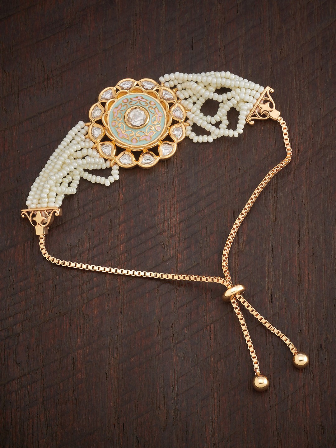 

Kushal's Fashion Jewellery Women Gold-Toned & White Kundan Meenakari Wraparound Bracelet