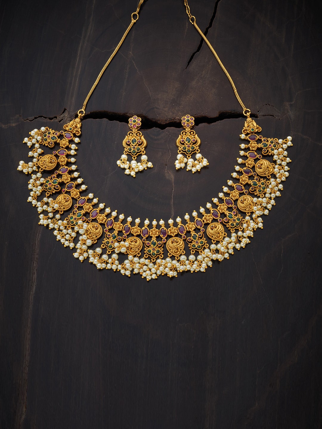 

Kushal's Fashion Jewellery Gold-Plated Red & Green Stone-Studded & Pearl Beaded Jewellery Set