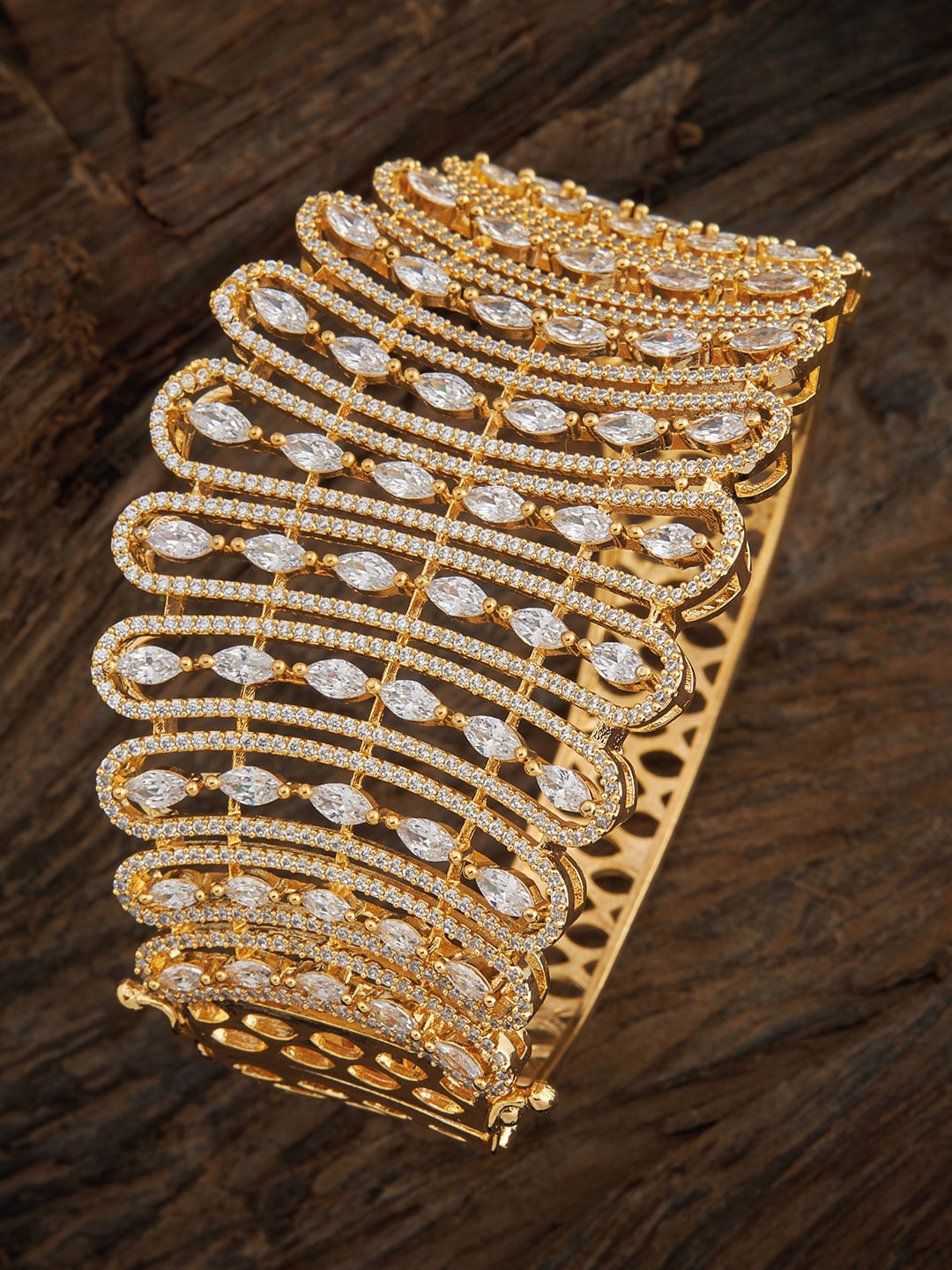 

Kushal's Fashion Jewellery Gold-Plated Gold-Toned White CZ Studded Kada Bangle