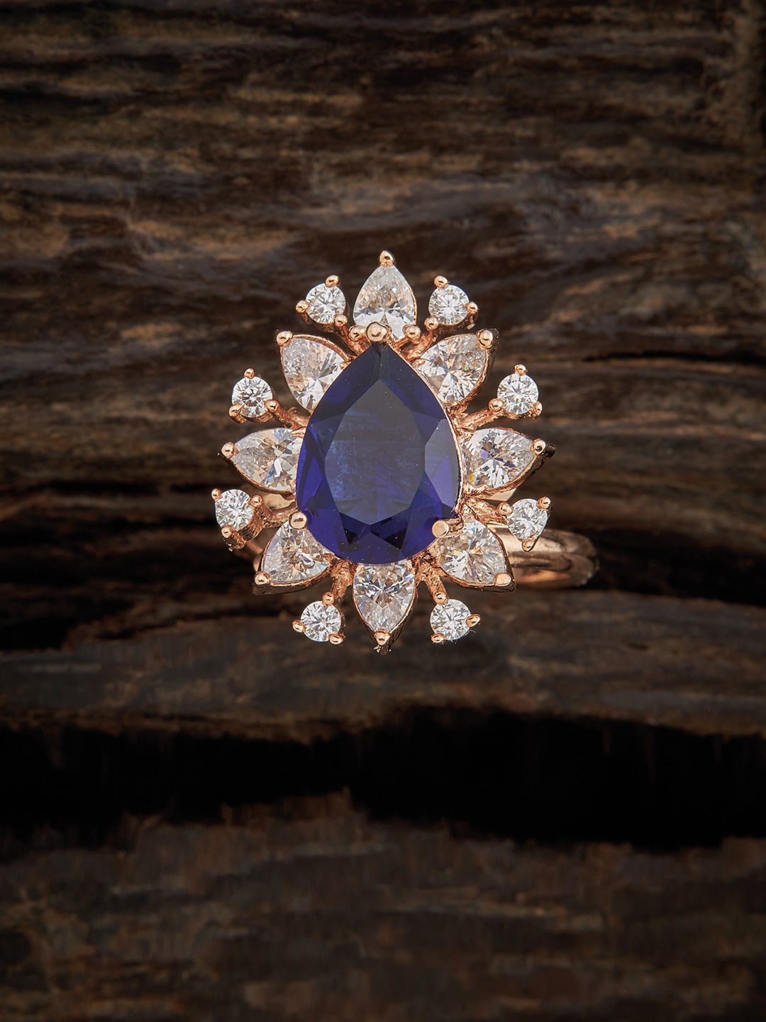 

Kushal's Fashion Jewellery Rose Gold-Plated Blue & White CZ Studded Adjustable Ring