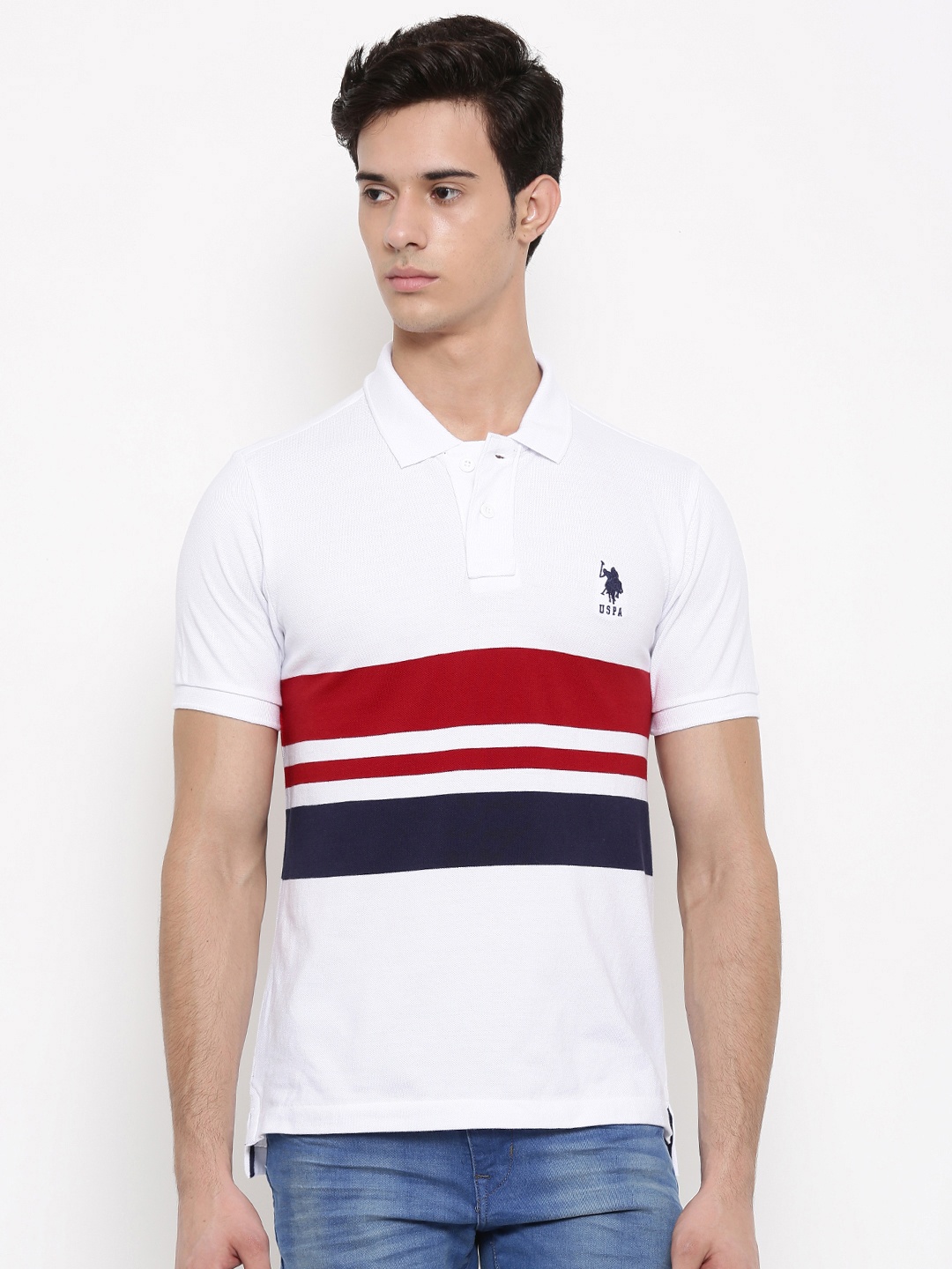 

U.S. Polo Assn. Men White Striped Polo Collar T-shirt