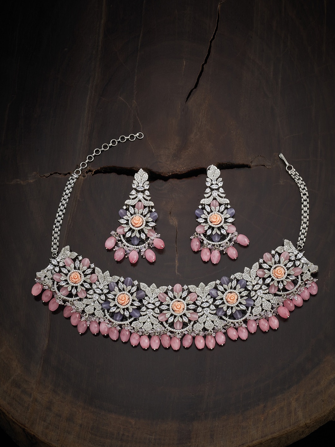 

Kushal's Fashion Jewellery Rhodium-Plated & Pink CZ-Studded & Beaded Jewellery Set, Silver