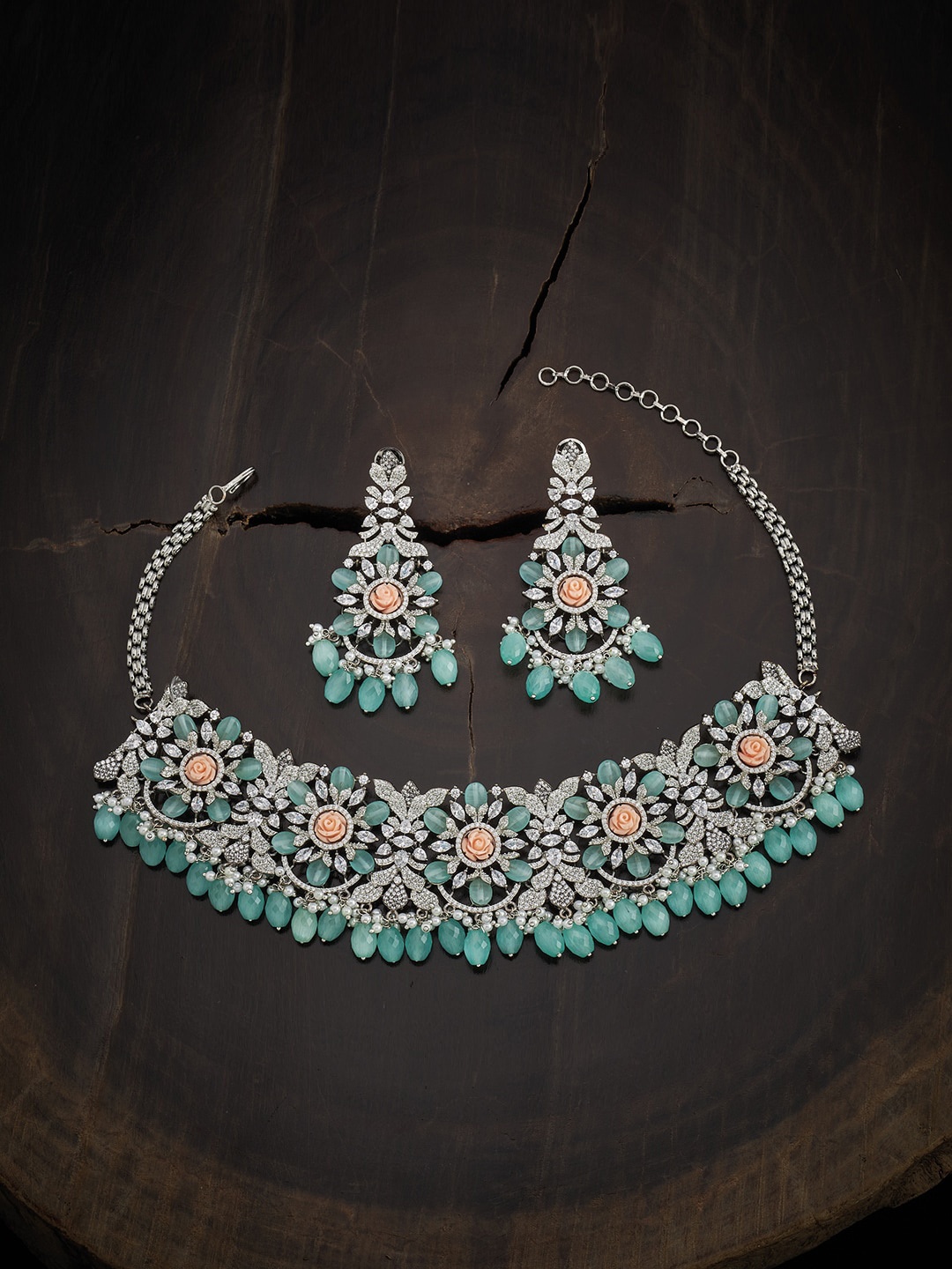 

Kushal's Fashion Jewellery Rhodium-Plated CZ-Studded Handcrafted Choker Jewellery Set, Silver