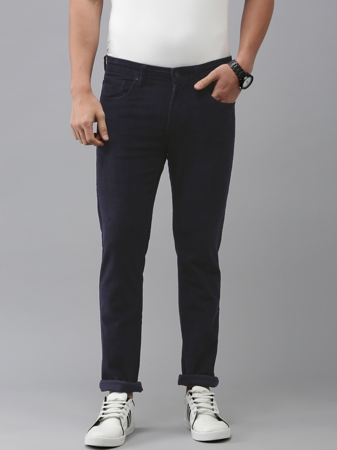 

SPYKAR Men Corduroy Regular Trousers, Navy blue