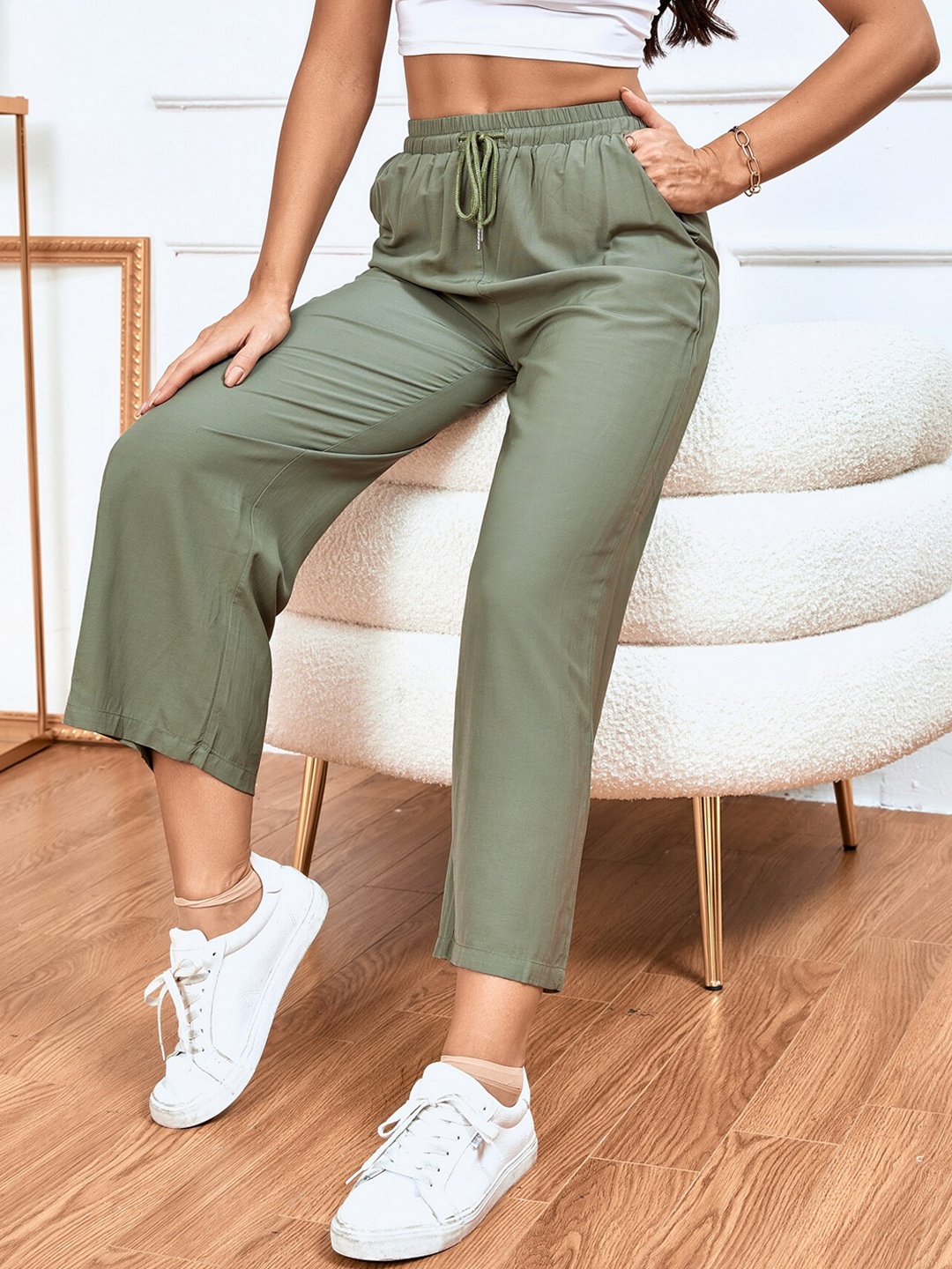 

URBANIC Women Green High-Rise Trousers
