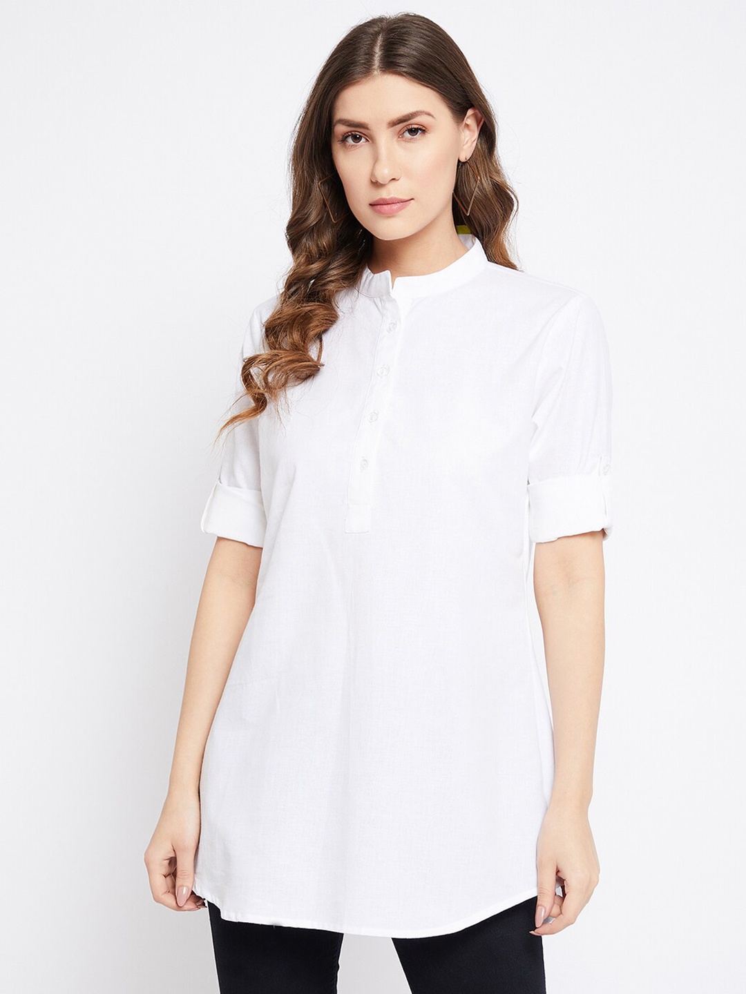 

Bitterlime White Solid Cotton Mandarin Collar Tunic