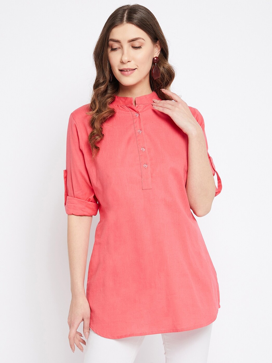 

Bitterlime Peach Solid Cotton Mandarin Collar Tunic