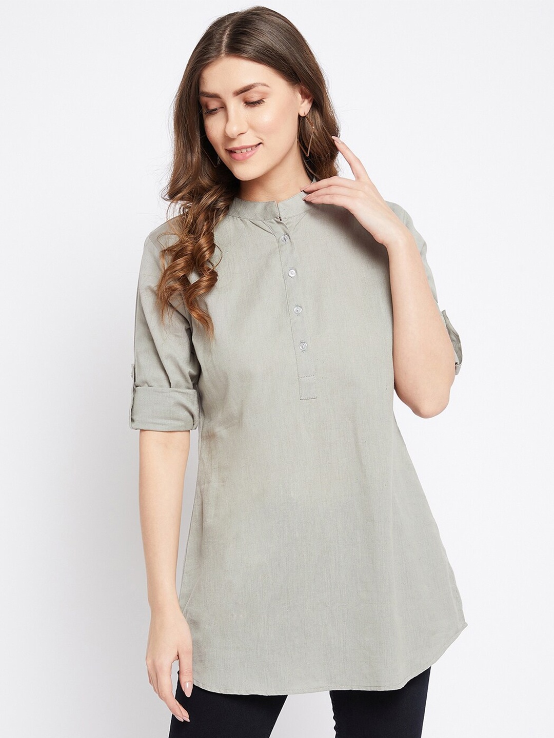 

Bitterlime Women Grey Solid Cotton Mandarin Collar Tunic