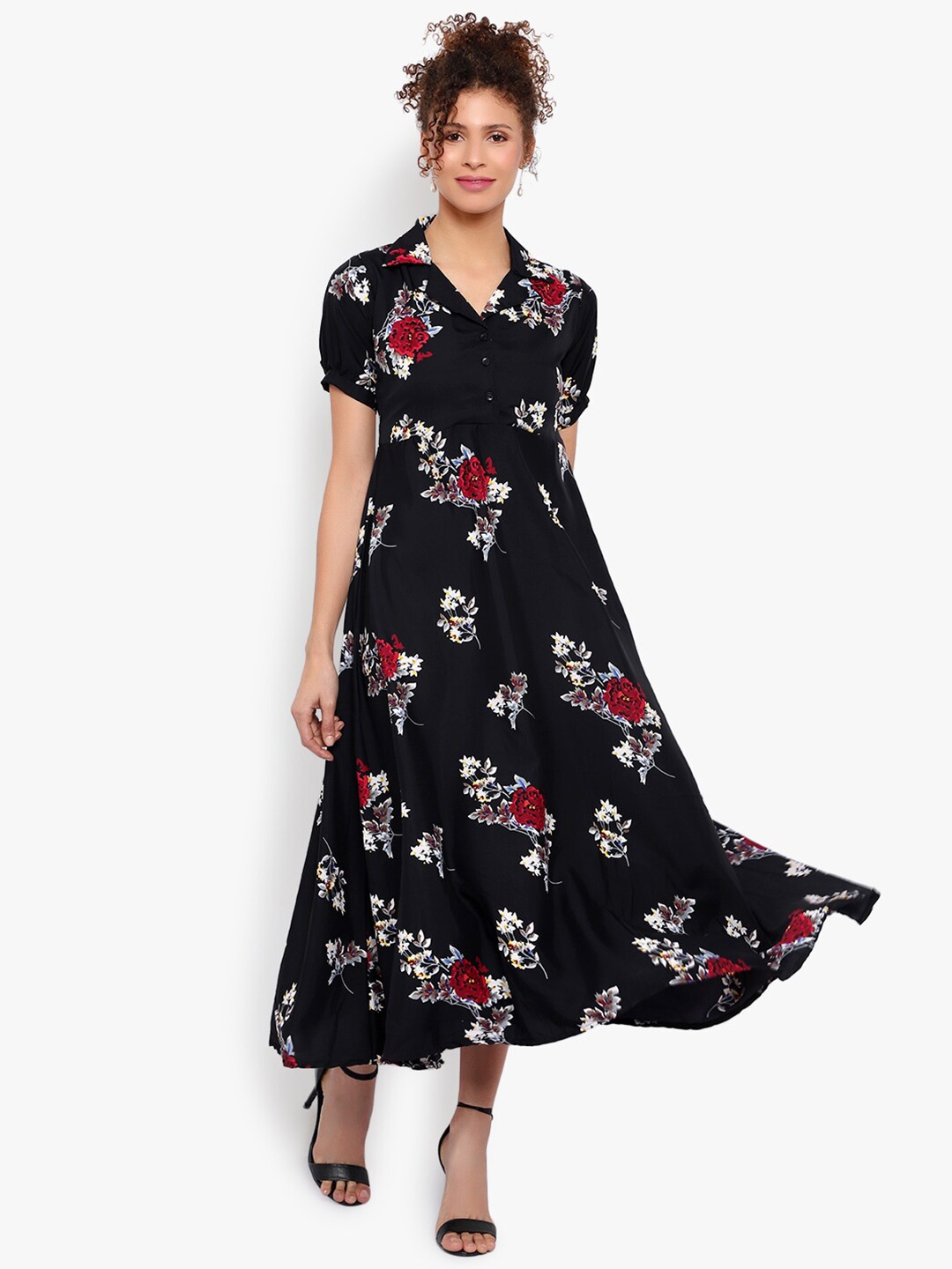 

Indietoga Black Floral Printed Fit and Flare Long Maxi Dress