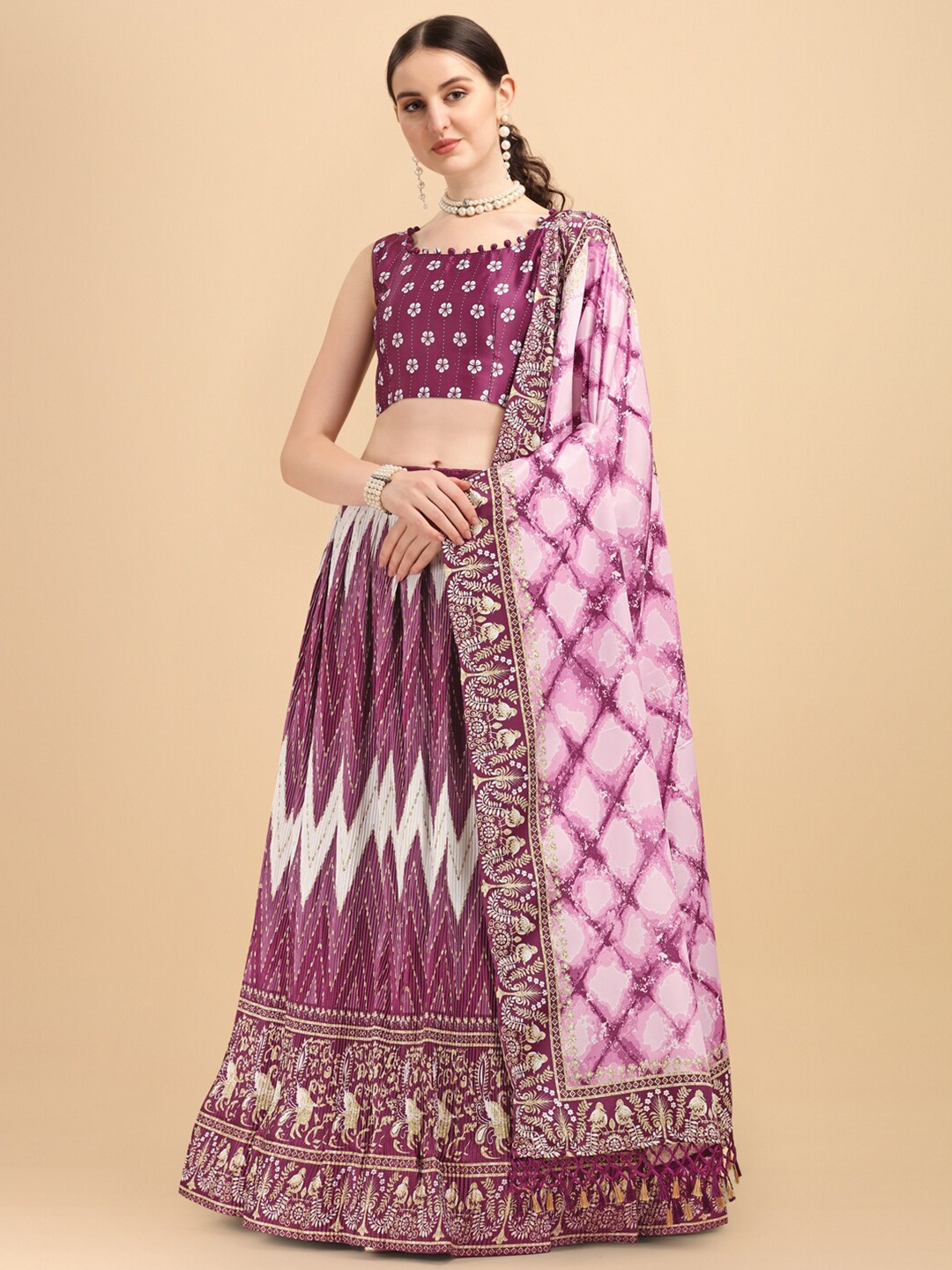 

Fab Dadu Purple & Off White Printed Zardozi Semi-Stitched Lehenga & Unstitched Blouse With Dupatta