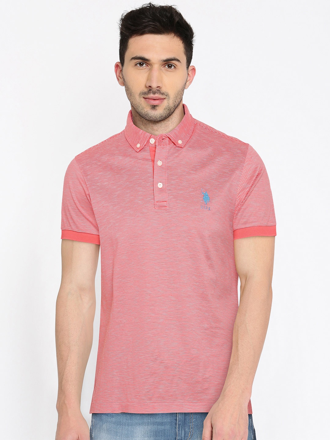 

U.S. Polo Assn. Men Red & White Striped Polo Collar T-shirt