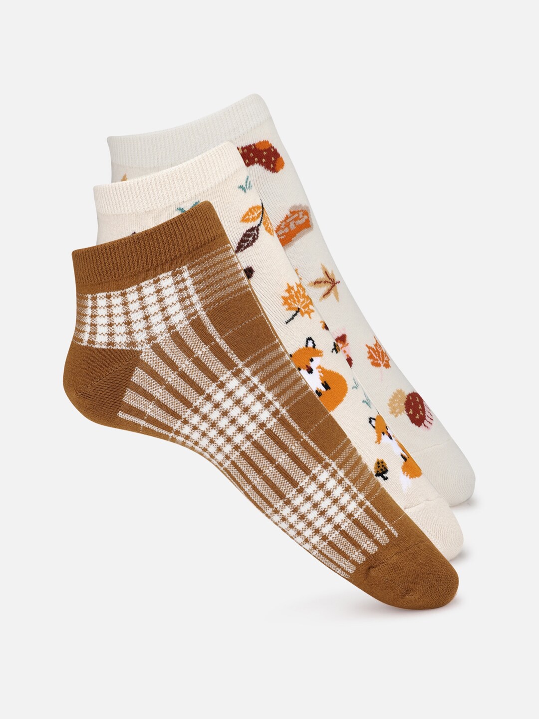 

AMERICAN EAGLE OUTFITTERS Women Pack Of 3 Brown & White Ankle-Length Cotton Socks