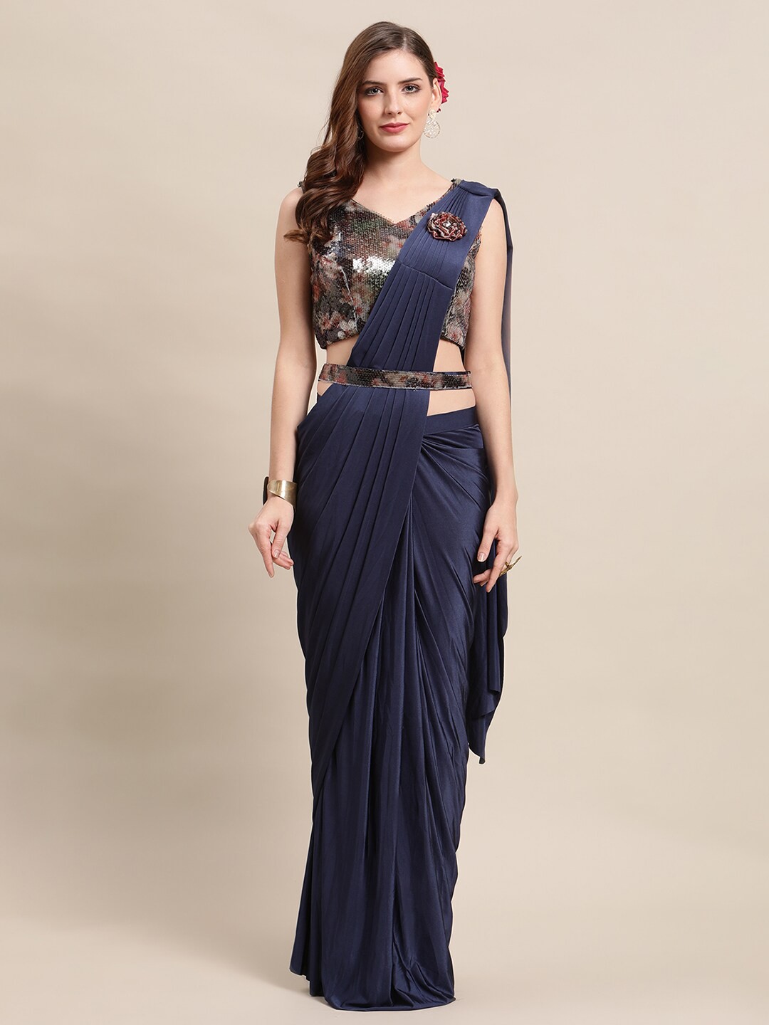 

Grancy Blue Solid Ready to Wear Leheriya Saree