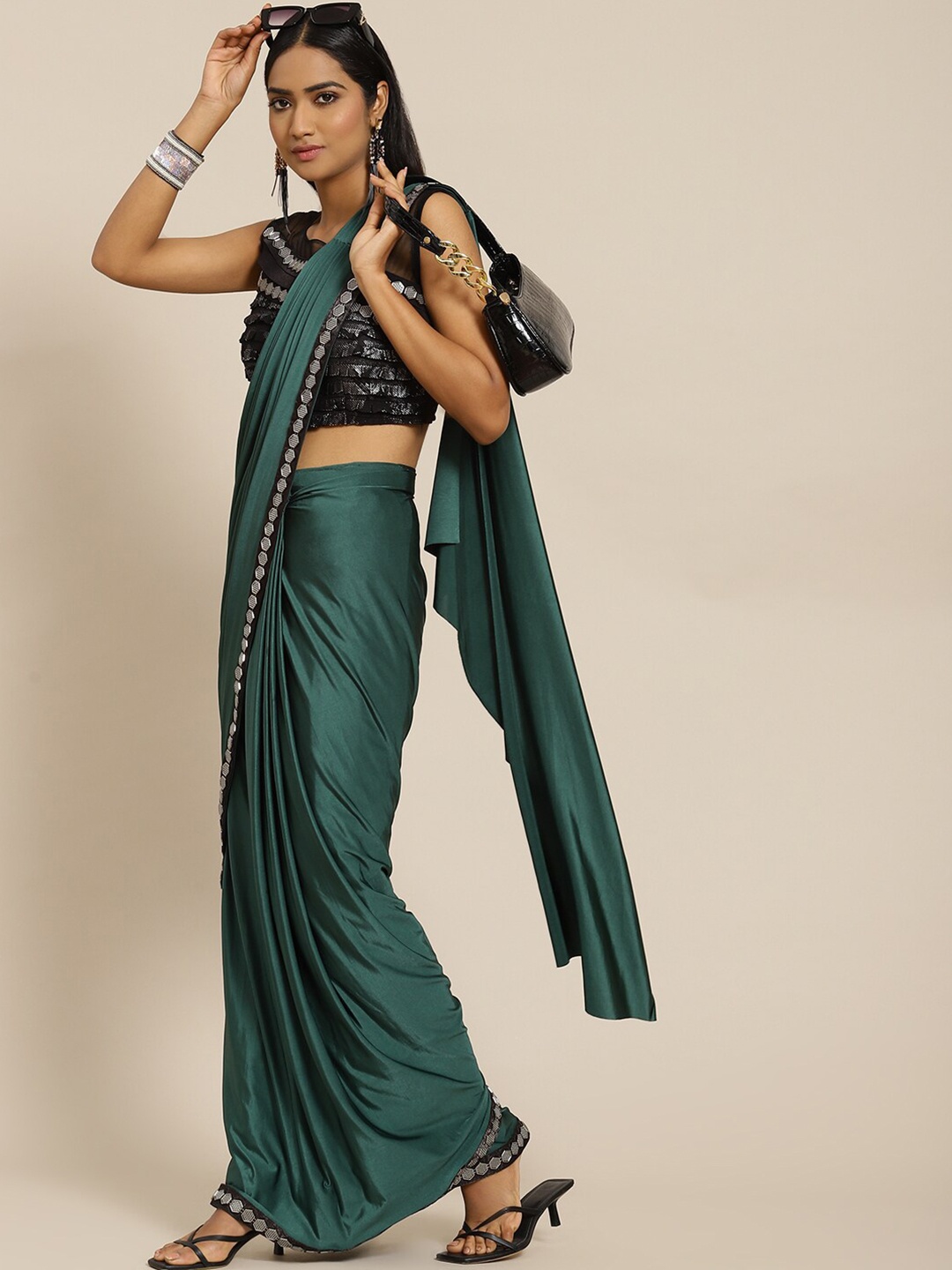 

Grancy Green & Black Ready to Wear Leheriya Saree