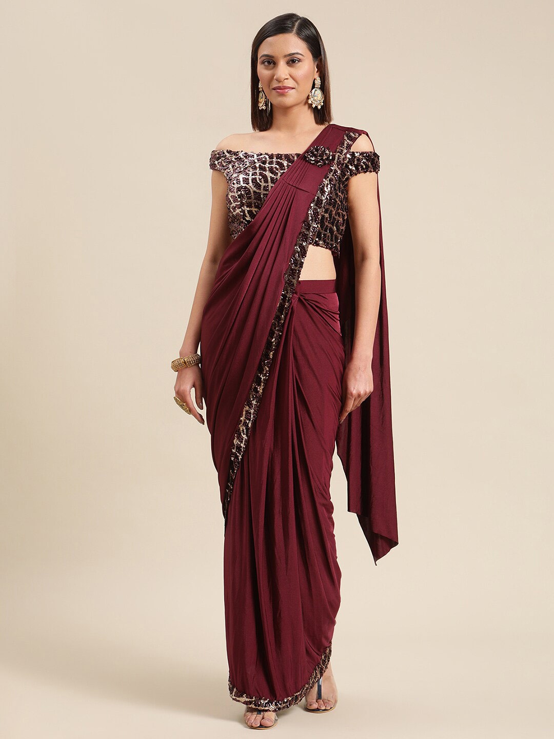 

Grancy Maroon & Black Ready to Wear Leheriya Saree