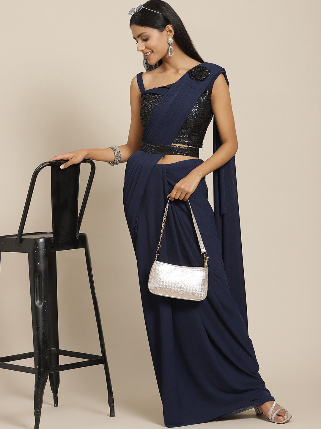 

Grancy Navy Blue Solid Ready to Wear Leheriya Saree