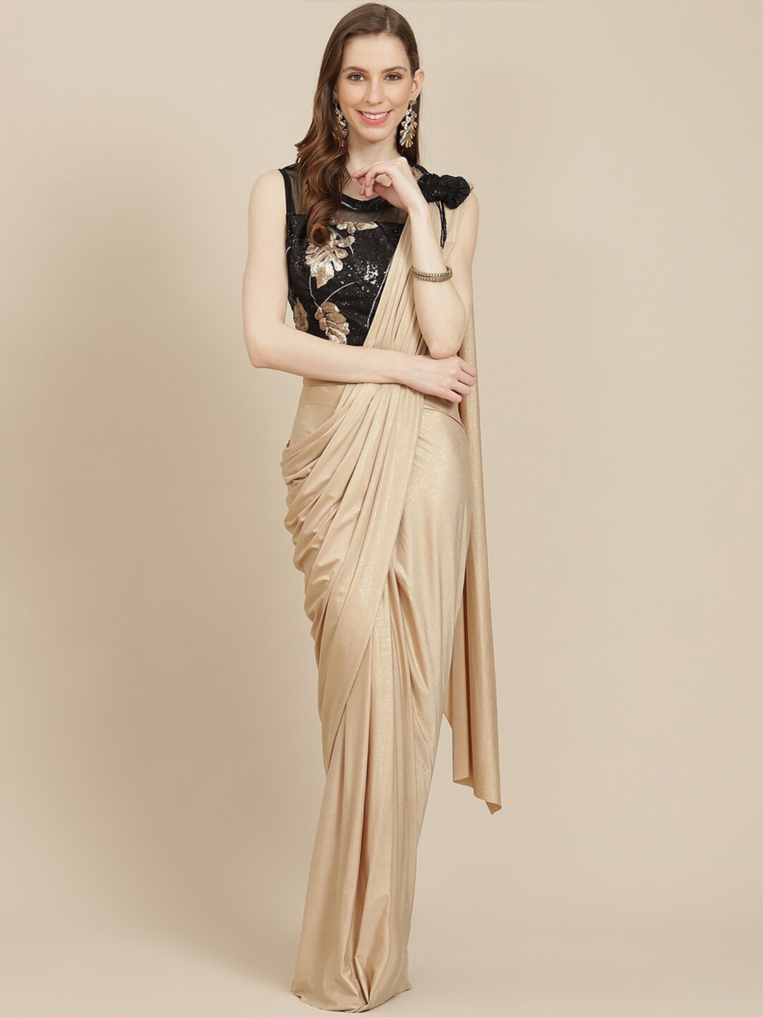 

Grancy Camel Brown Solid Ready to Wear Leheriya Saree
