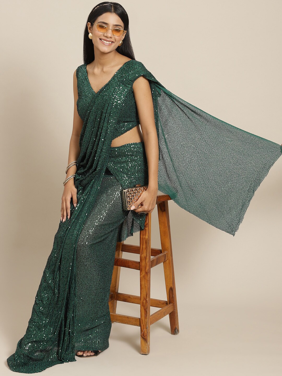 

Grancy Green Embellished Sequined Ready to Wear Leheriya Saree
