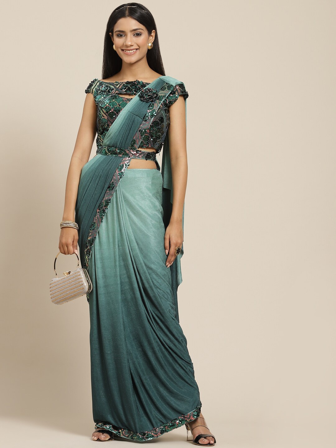 

Grancy Green Woven Design Sequinned Leheriya Saree