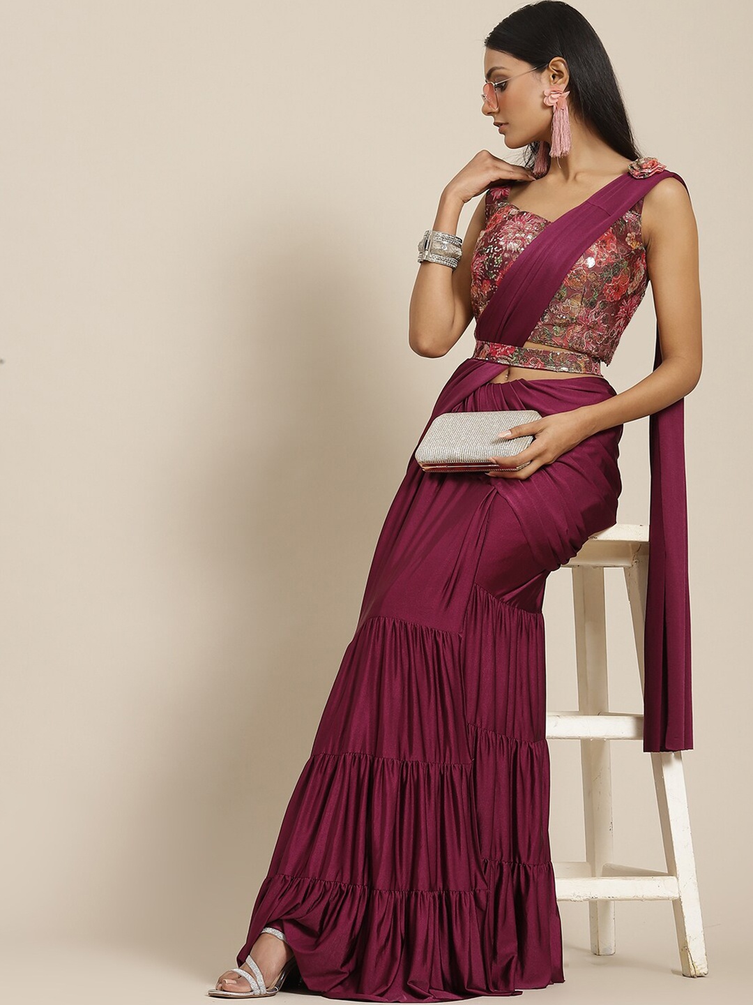 

Grancy Wine Red Sequinned Leheriya Saree