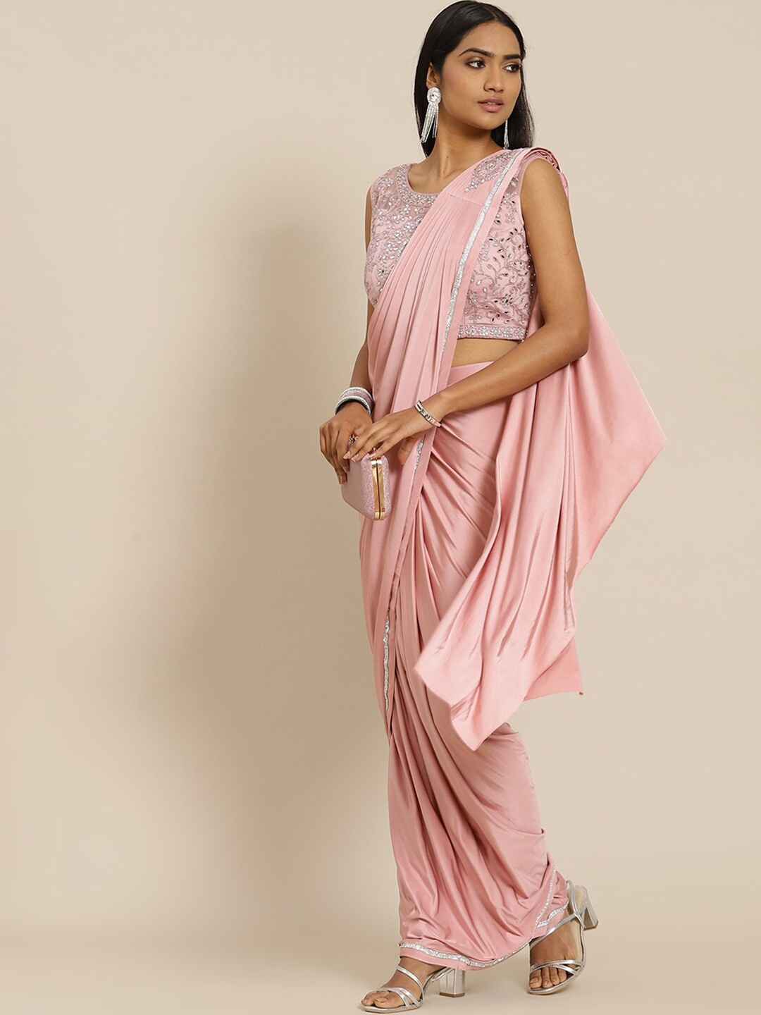 

Grancy Pink Embroidered Leheriya Saree