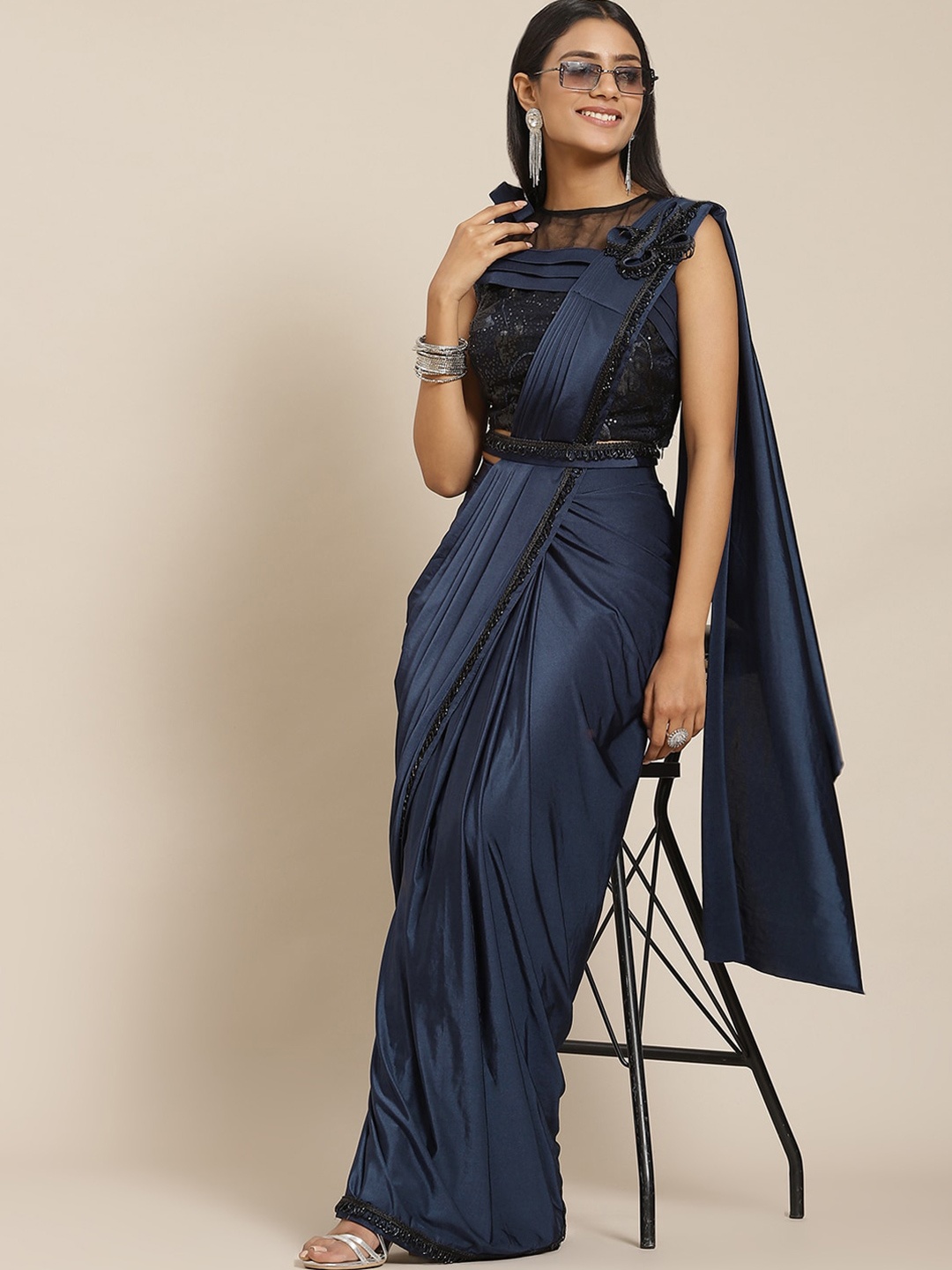 

Grancy Navy Blue Sequinned Ready to Wear Leheriya Saree