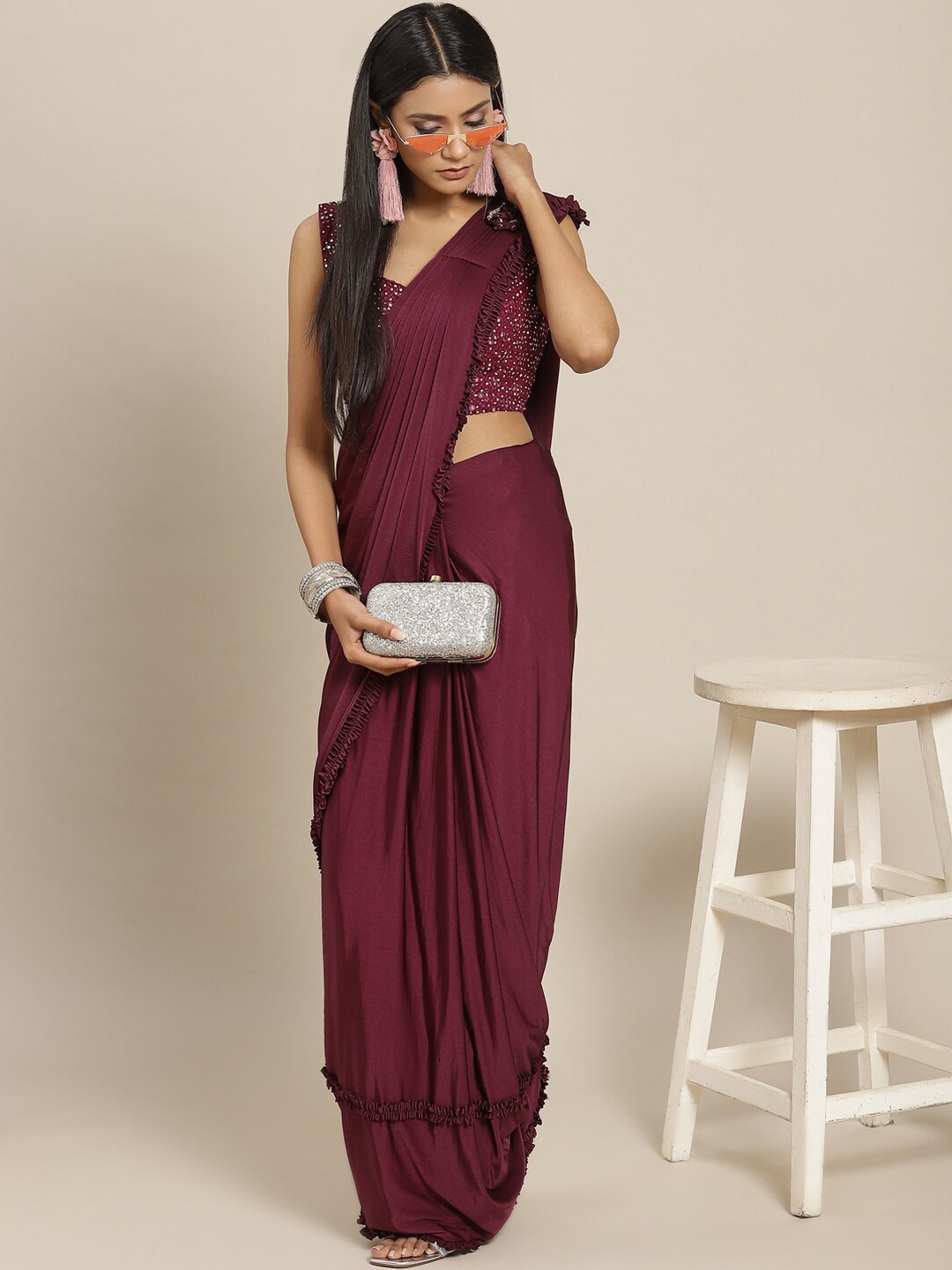

Grancy Wine Red Embroidered Leheriya Saree