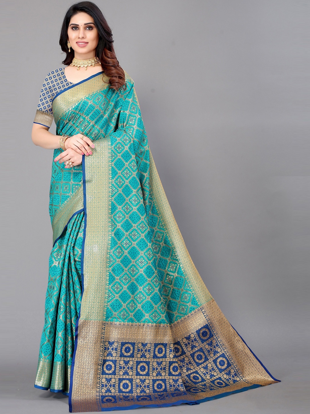 

Winza Designer Teal & Blue Ethnic Motifs Zari Silk Blend Banarasi Saree