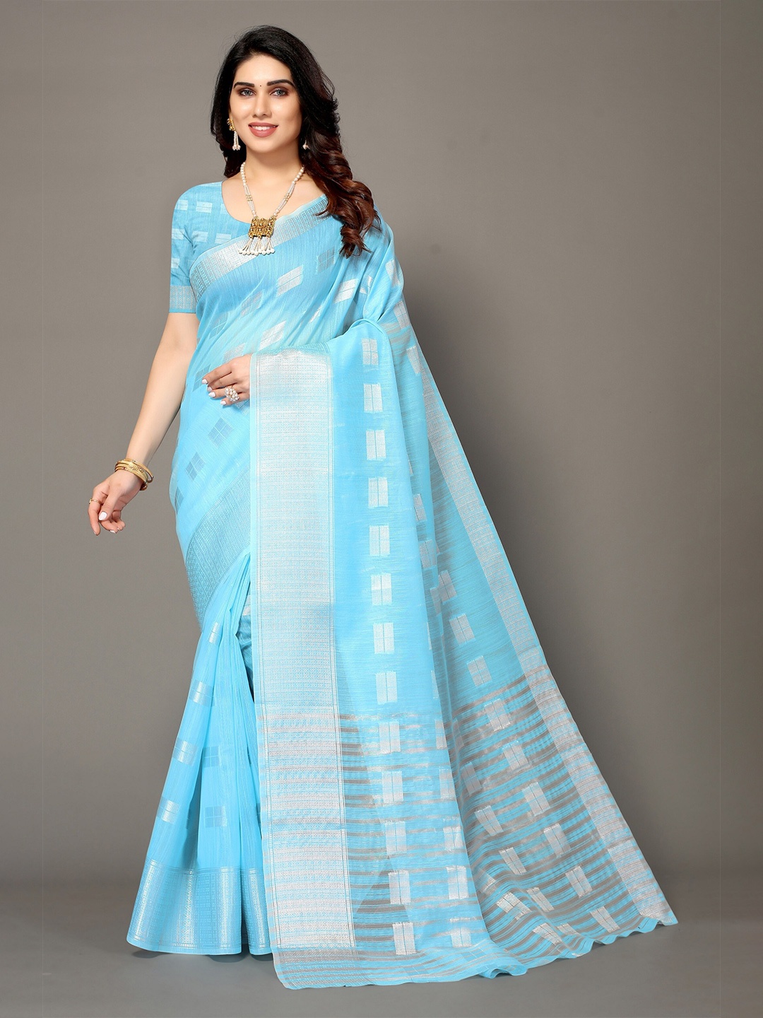 

Winza Designer Turquoise Blue & Silver-Toned Ethnic Motifs Zari Silk Blend Banarasi Saree