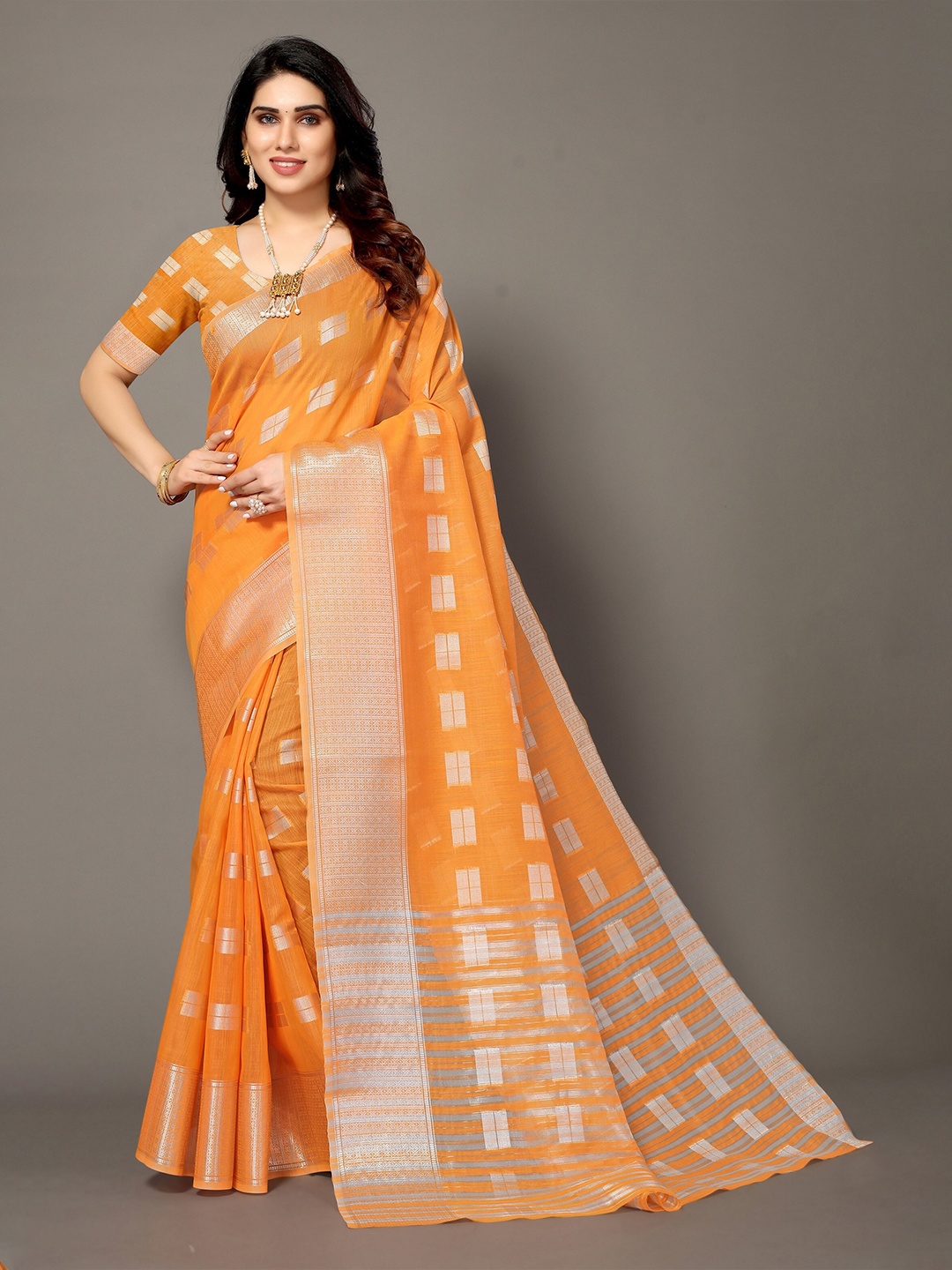 

Winza Designer Orange & Silver-Toned Ethnic Motifs Zari Silk Blend Banarasi Saree