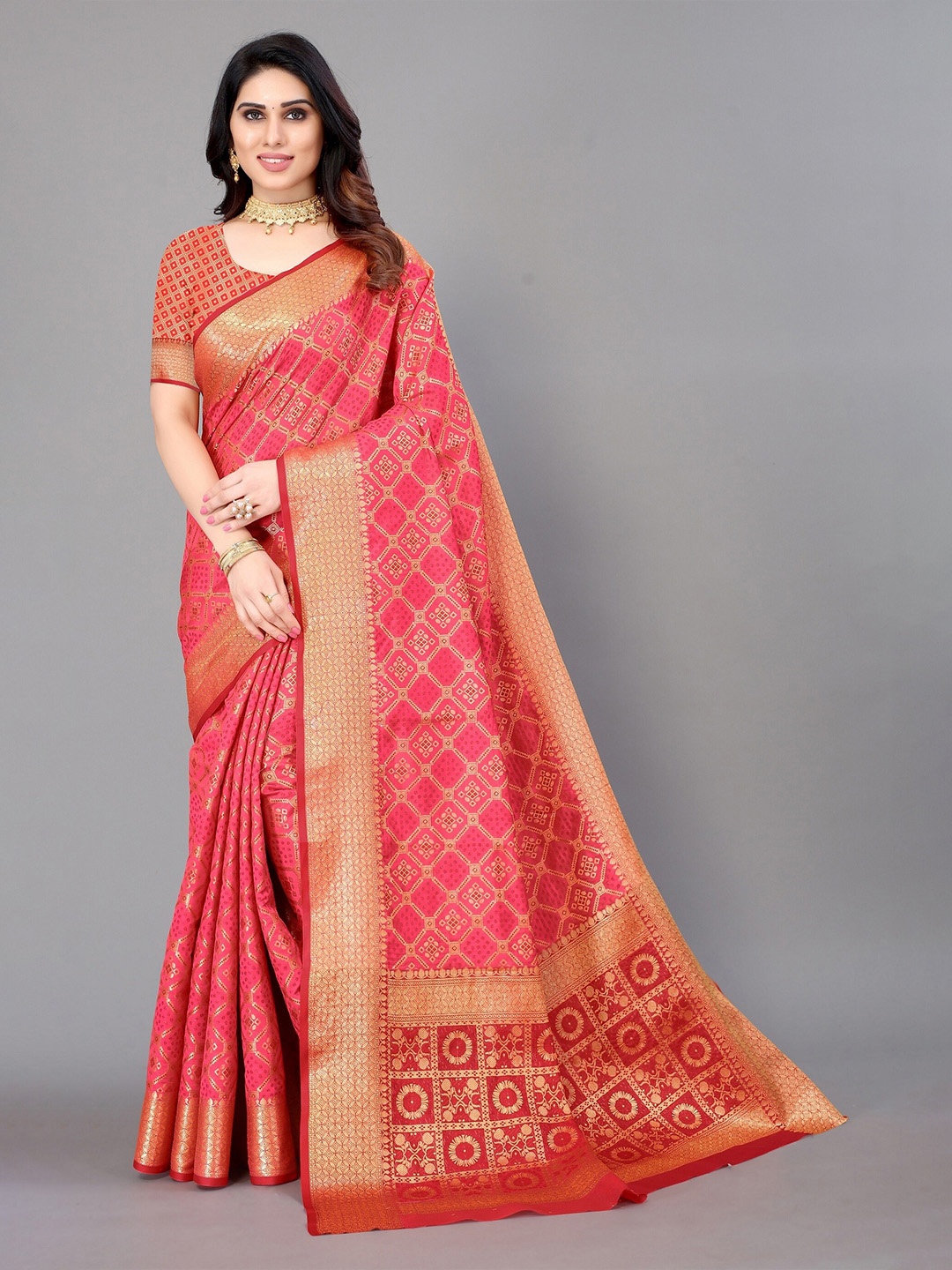 

Winza Designer Pink & Red Ethnic Motifs Zari Silk Blend Banarasi Saree