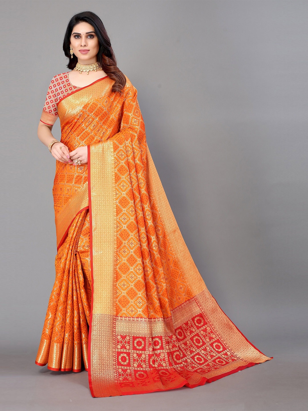 

Winza Designer Mustard & Red Ethnic Motifs Zari Silk Blend Banarasi Saree