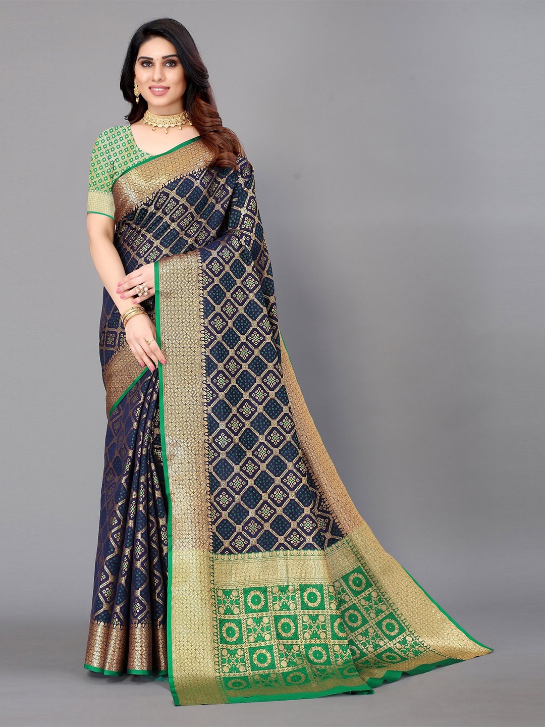 

Winza Designer Navy Blue & Green Ethnic Motifs Zari Silk Blend Fusion Banarasi Saree